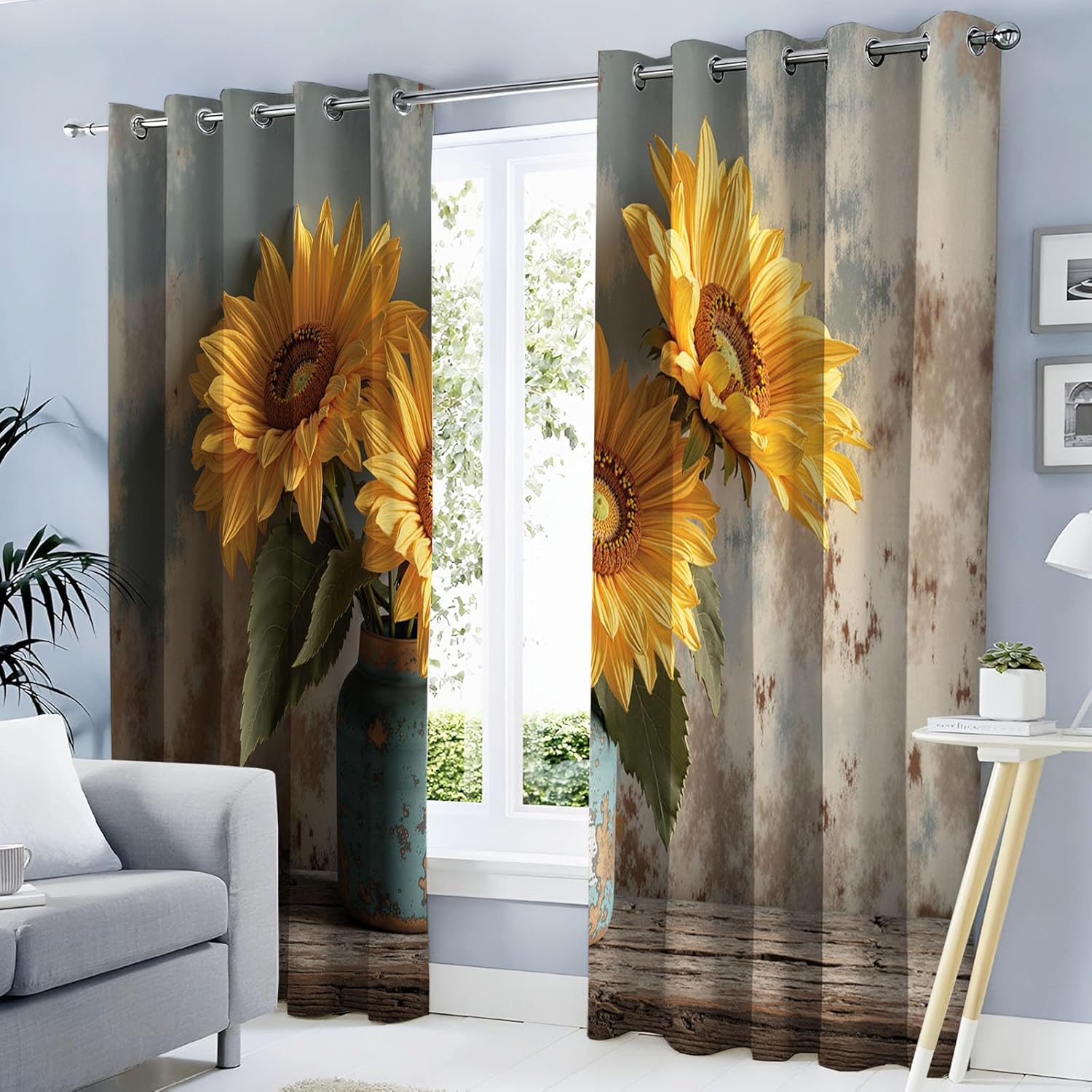 Rust Brown 3D Sunflower Vase Blackout Curtains 2 Panels Set Farmhouse Style Plants Grommet Curtain Thermal Insulated Window Drapes Treatments for Farmhouse Living Room Bedroom 52 X 63 Inch