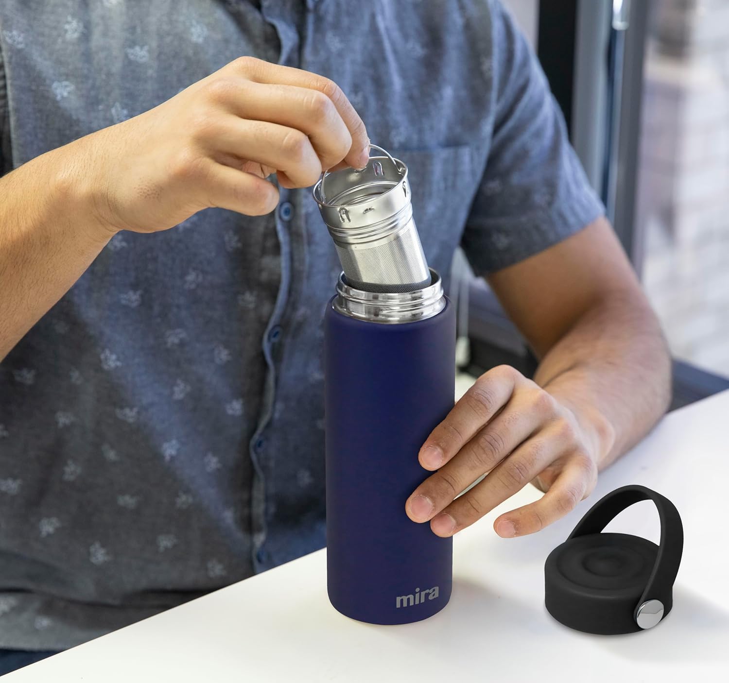 MIRA 18 oz Tea Infuser Thermo - Stainless Steel Travel Bottle with Removable Strainer for Loose Leaf Tea - Insulated Hot & Cold Brew Steeper - Marine - Image 6