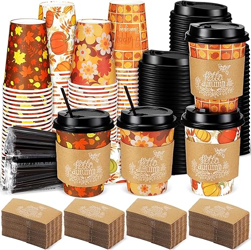 Lallisa Juego de 100 tazas de café desechables de otoño, Acción de Gracias, con tapa, popotes, fundas de papel de otoño de 12 onzas, tapa de