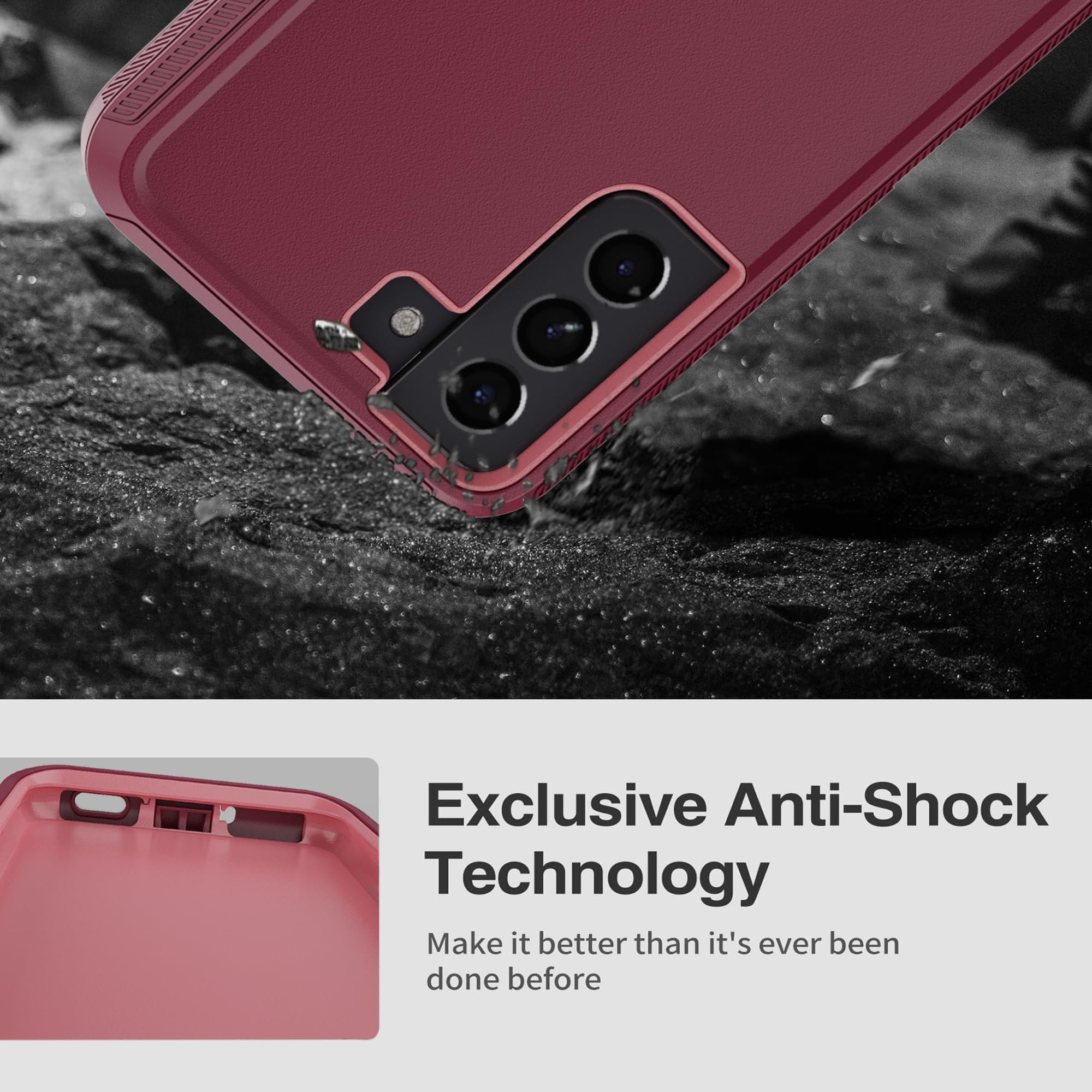 Funda para Galaxy S22 5G, funda protectora resistente con [3 capas] funda de protección de goma resistente a prueba de golpes para Samsung Galaxy S22 (rojo vino/rosa)