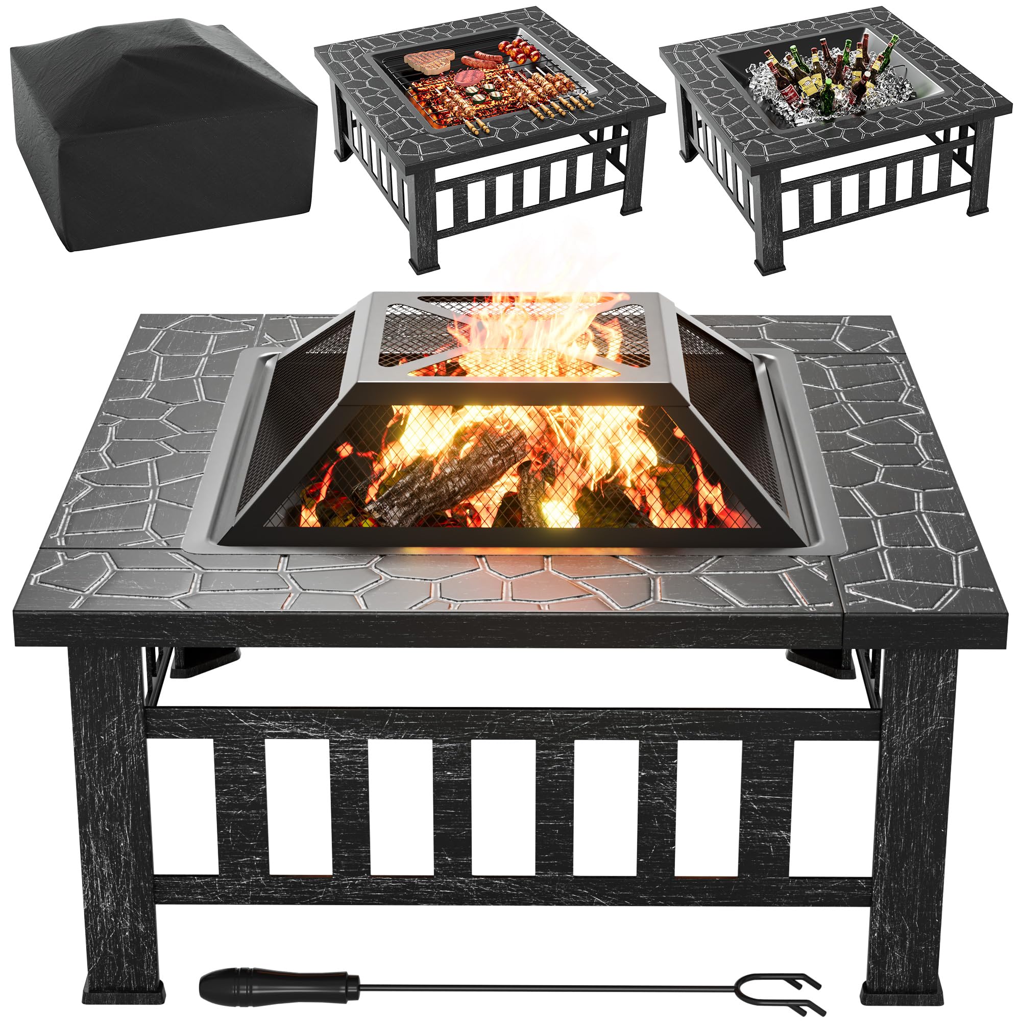 Flamaker Outdoor Fire Pit 32 Inch Firepit Tables Backyard Mutifunctional Square Metal Stove Wood Burning with Cover Poker for Patio, Camping, Bonfire