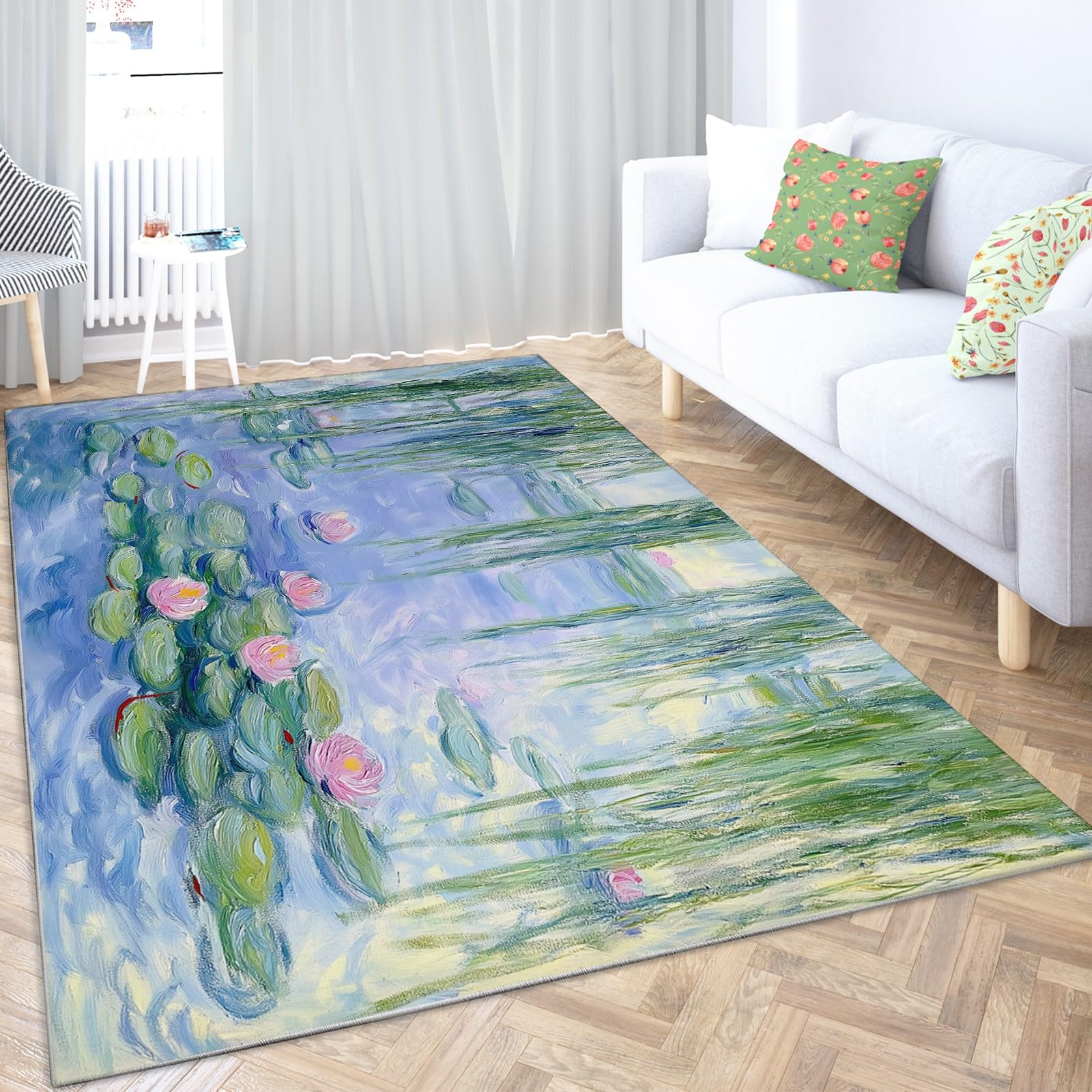 Tappeto verde con ninfee e laghetto, 160 x 230 cm, a pelo corto, moderno, per soggiorno e camera da letto, con retro antiscivolo, lavabile in lavatrice