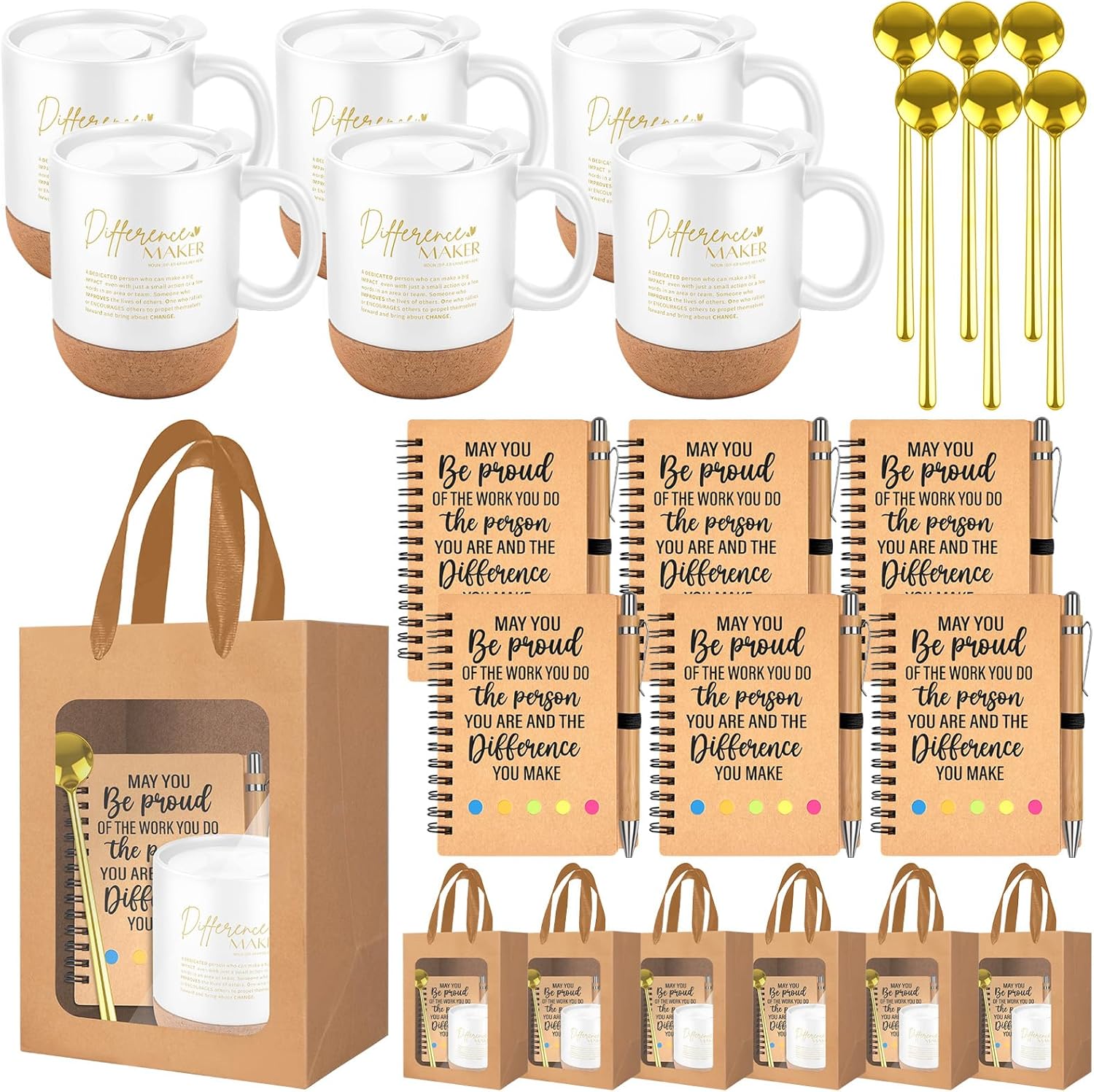 6 Set Employee Appreciation Gifts Inspirational Coffee Mug Spoon Motivational Spiral Notebooks Pens with Gift Bags Thank You Gifts for Men Women Team Coworker Staff Teacher