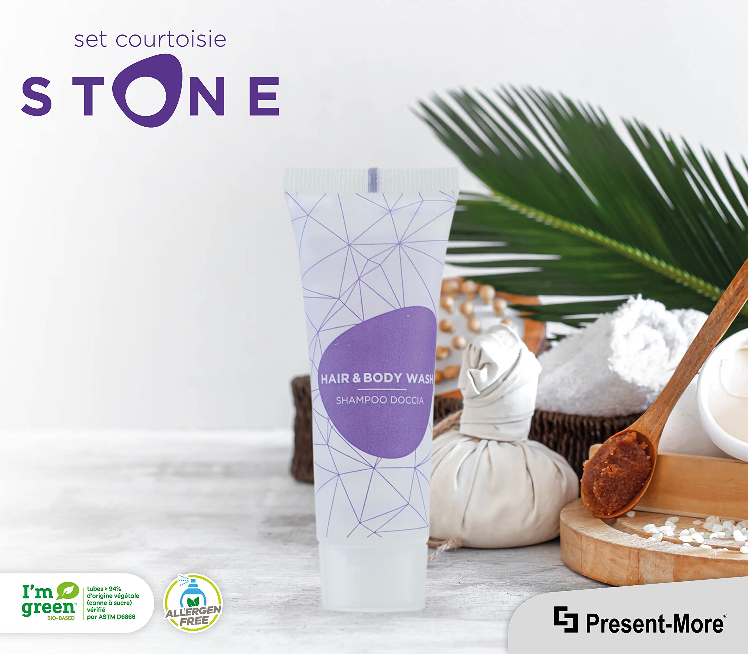 PRESENT-MORE - Shampooing Douche Monodose 30ml Stone - Paquet de 125 Pièces - Shampooing Douche Sans Allergènes - Parfum Relaxing - Idéal pour Hôtels et B&B