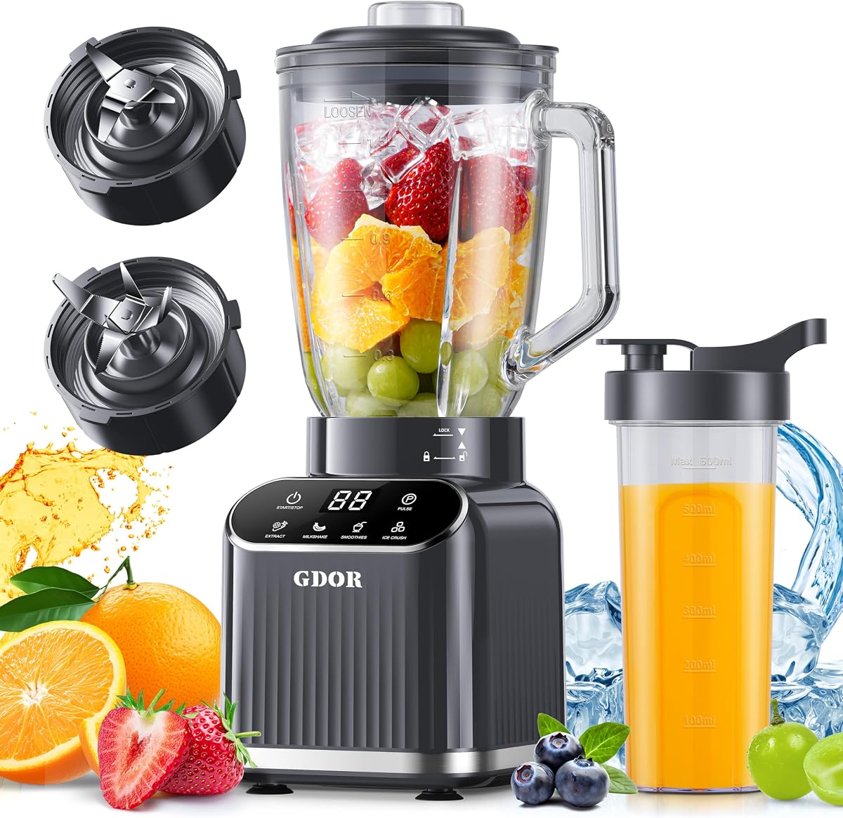 Professional Blender for Kitchen, 1200 Peak Watts Smoothie Blender, 5 Functions for Ice Crushing & Frozen Fruit, 52 Oz Glass Jar & 24 Oz To-Go Cup Combo, Self-Cleaning, Gray