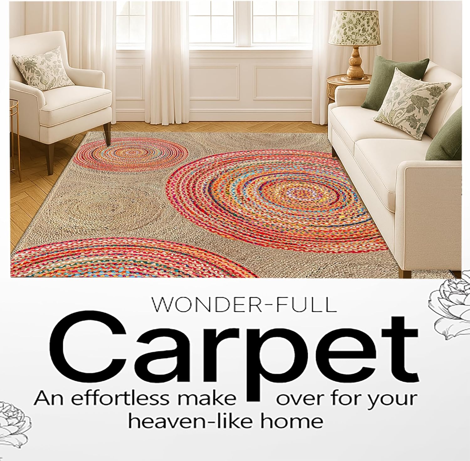 Premium Quality Jute Rug 12x15 Feet Area Rug Natural Fiber Jute Rugs Thick 0.27" Geometric Multi-Color Chindi Rugs for Living Room Kids Room Home/Office Decor Carpet