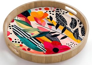Round Table Top 50 x 50 cm Serving Trays for Meals Decorative Wood Non-Slip Coffee Deco Oak with Handle for Lunch Flowers – Leaves – Abstract – Colourful