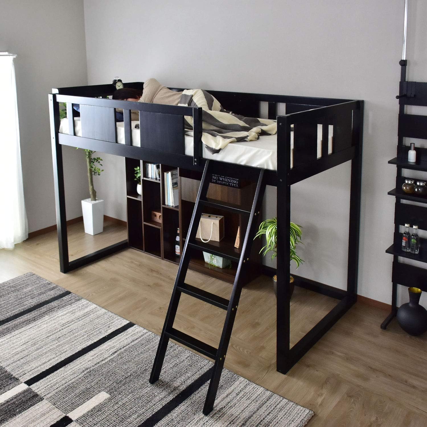Amazon Doris ベッド シングル システムベッド ロフトベッド ベッドフレーム コンセント付き 補強バー メッシュ床 ブラック ミル ベッド ベッドフレーム オンライン通販