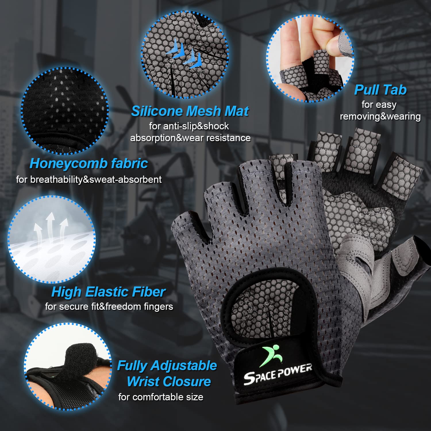 spacepower Guantes de entrenamiento, guantes de levantamiento de pesas para mujeres y hombres, guantes de gimnasio ligeros y transpirables para ejercicio (L, gris)