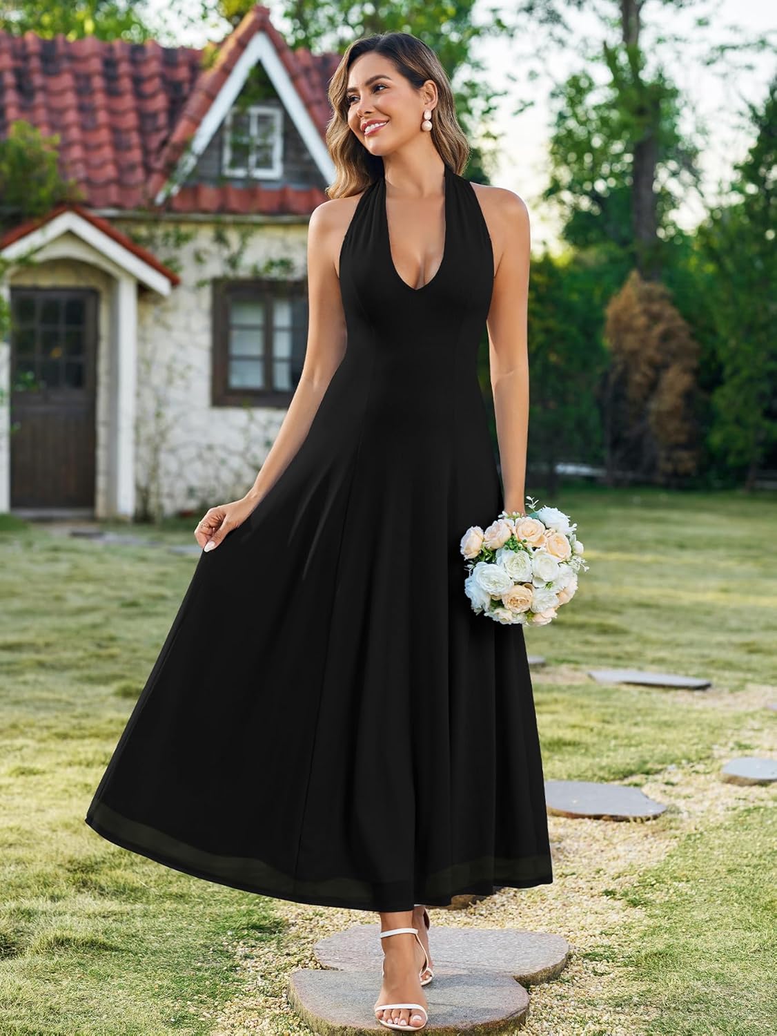 EYNMIN Summer Wedding Guest Dress Halter V Neck Flowy A Line Mesh Elegant Floral Maxi Long Formal Dresses for Women 2026
