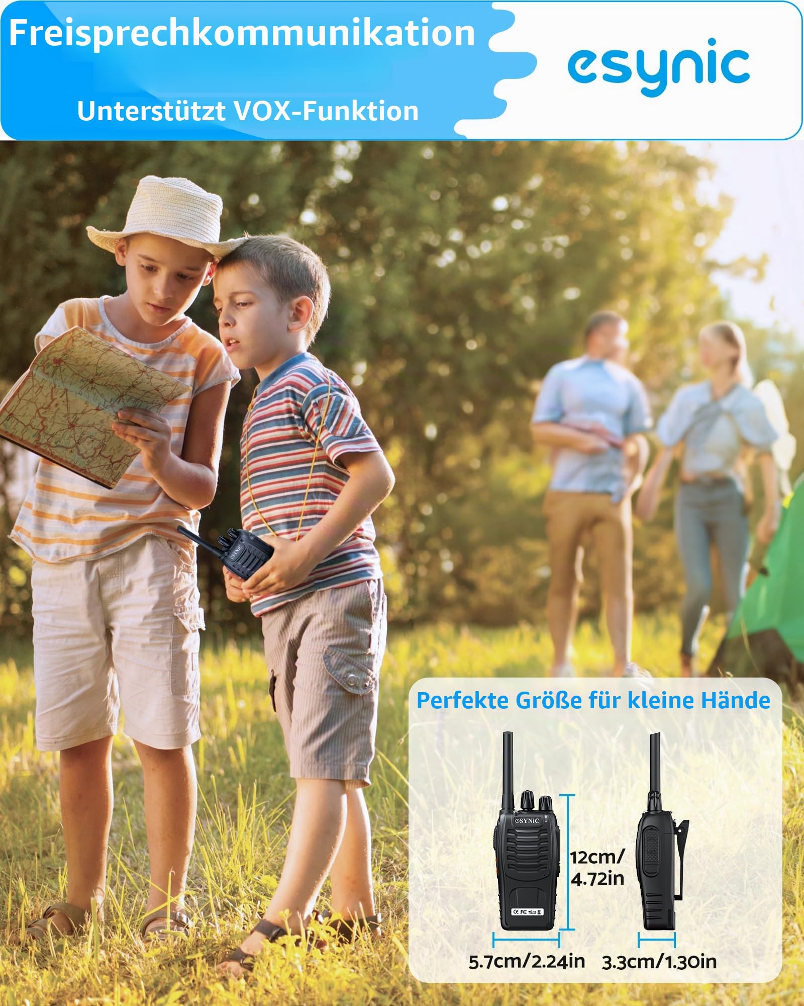 eSynic Walkie-Talkies 4 Stück mit großer Reichweite 2-Wege-Funkgerät mit 4 Original-Ohrstücken mit 16-Kanal-Einzelband für Überlebenstrainings und andere Aktivitäten
