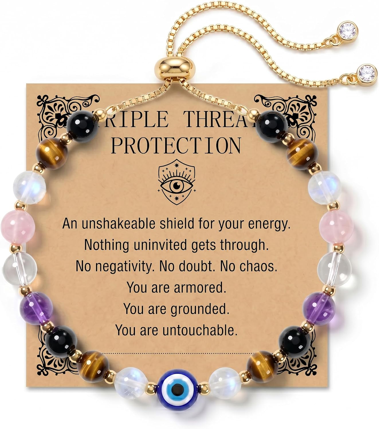 Evil Eye Bracelet for Women Protection Bracelet Natural Gemstone Crystal Bracelet Evil Eye Charm Adjustable Birthday Gifts for Women with Message Card