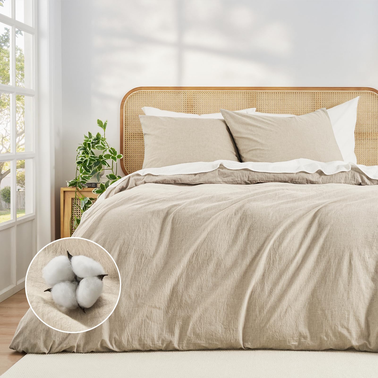 Duvetnova Bettwäsche 135x200 Baumwolle 4teilig Beige Superweiche 100% Vorgewaschene Baumwolle