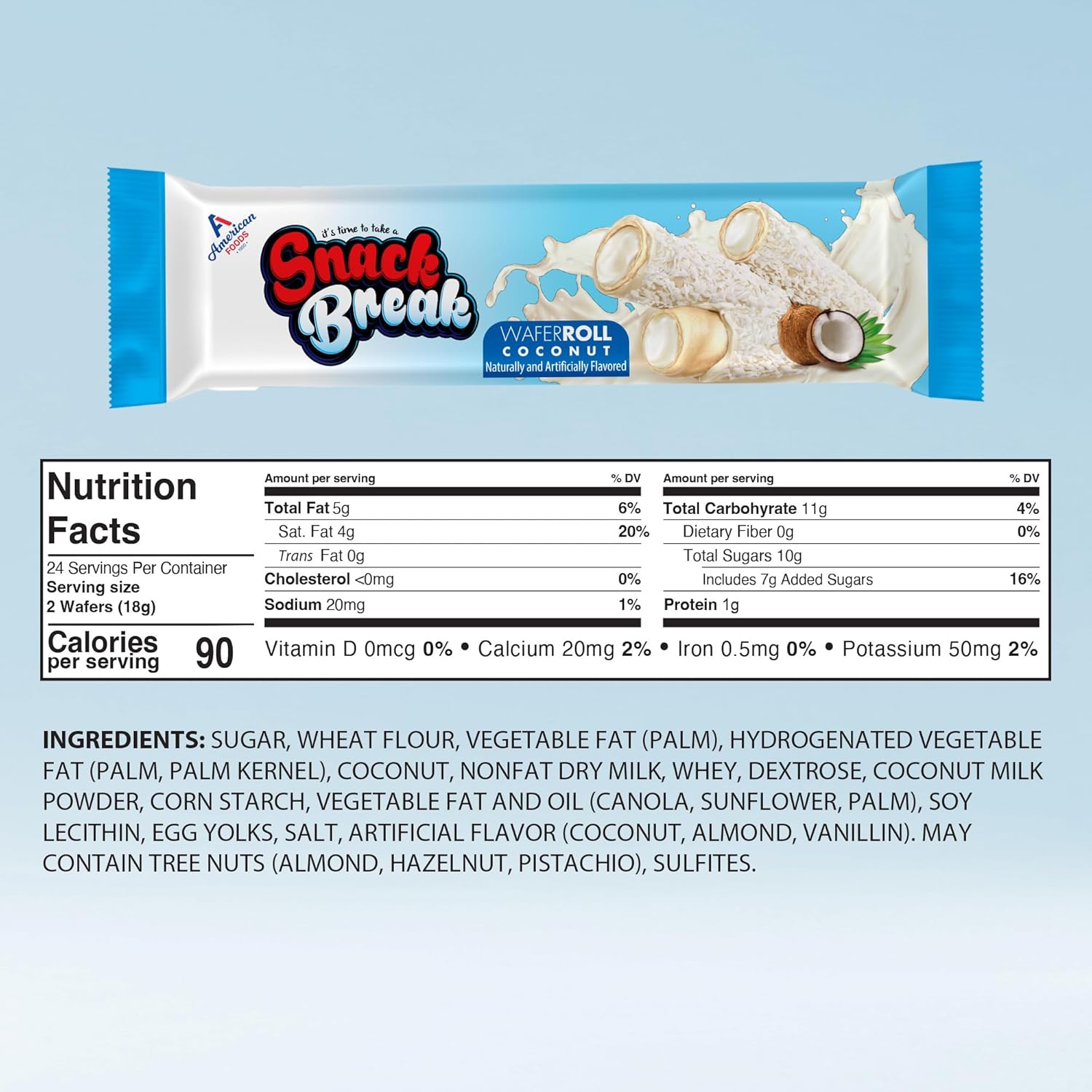 Snack Break Coconut Rolled Wafers - 24 Individually Wrapped Wafer Rolls (Pack of 3) with Creamy Coconut Filling - Snacks for Kids & Adults