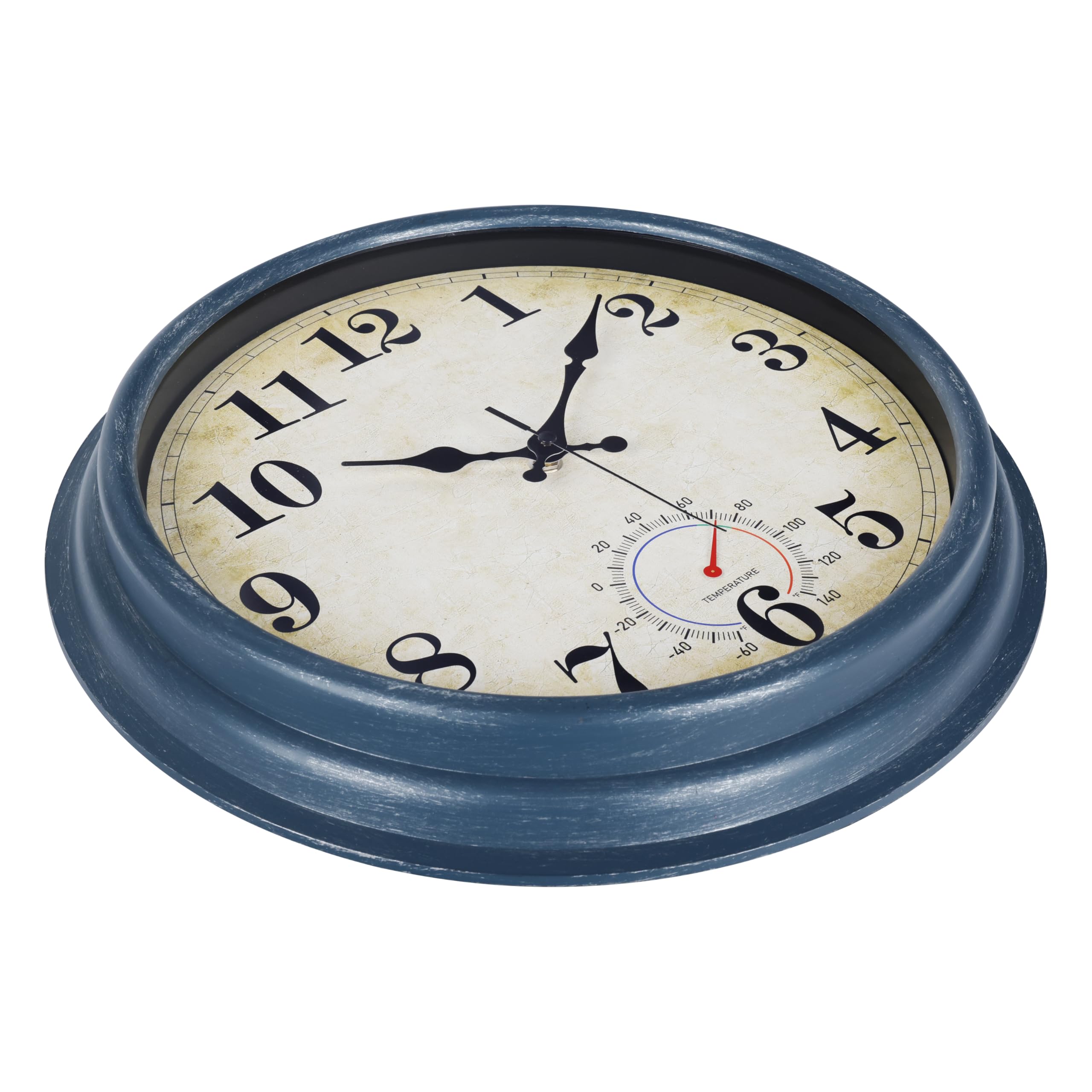 Grande horloge murale d'extérieur étanche avec thermomètre - Horloge murale rustique pour salle de bain, terrasse, piscine (40,6 cm, bleu)