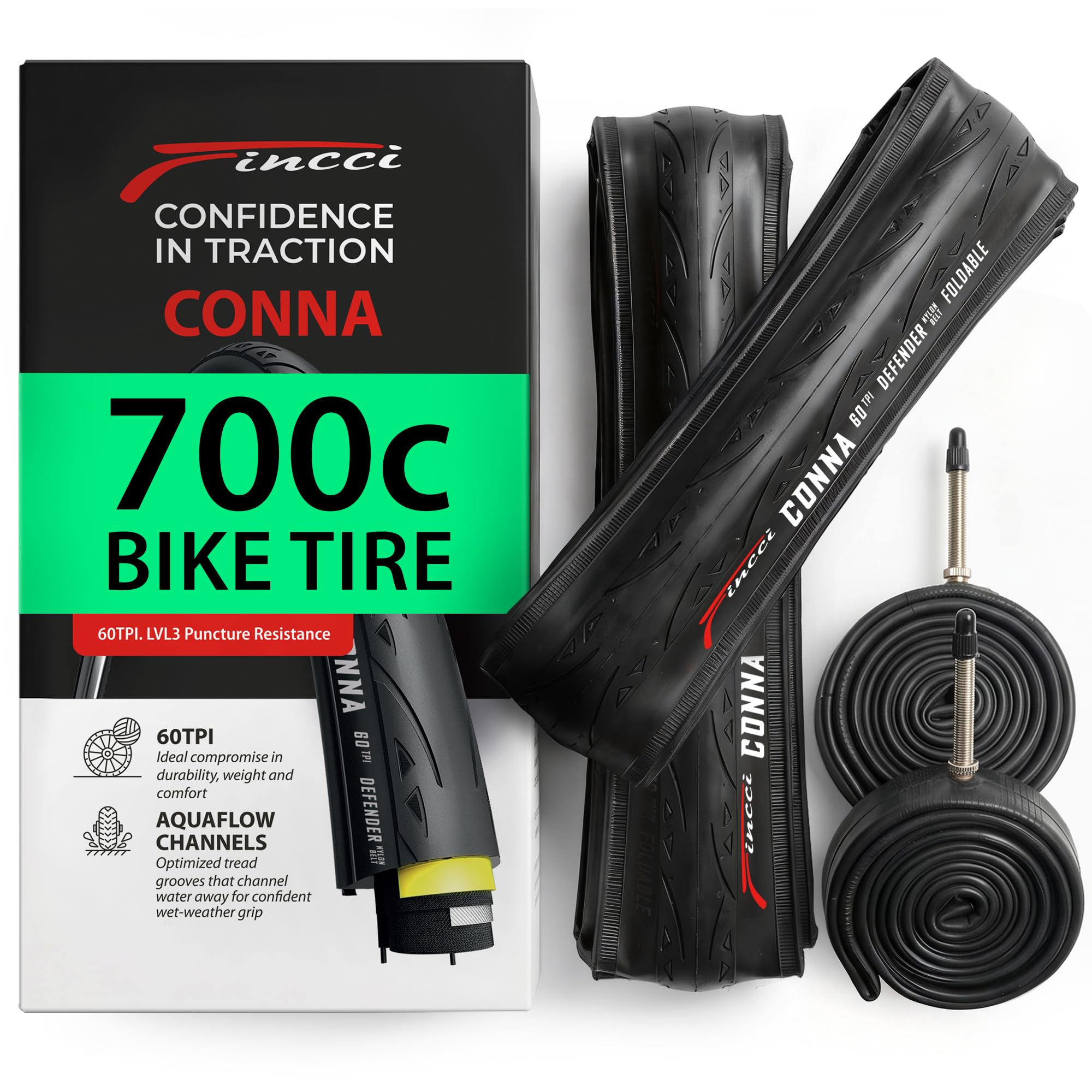 Fincci Zestaw opon do roweru szosowego 700 x 25c - Black Racing 25-622 60TPI 700c opony - Turbo Trainer 700x25c opona 3 mm nylonowa ochrona z dętkami zaworu Presta 60 mm do roweru wyścigowego