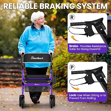 BlessReach Foldable Heavy-Duty Rollator Walker with Seat for Seniors,Purple