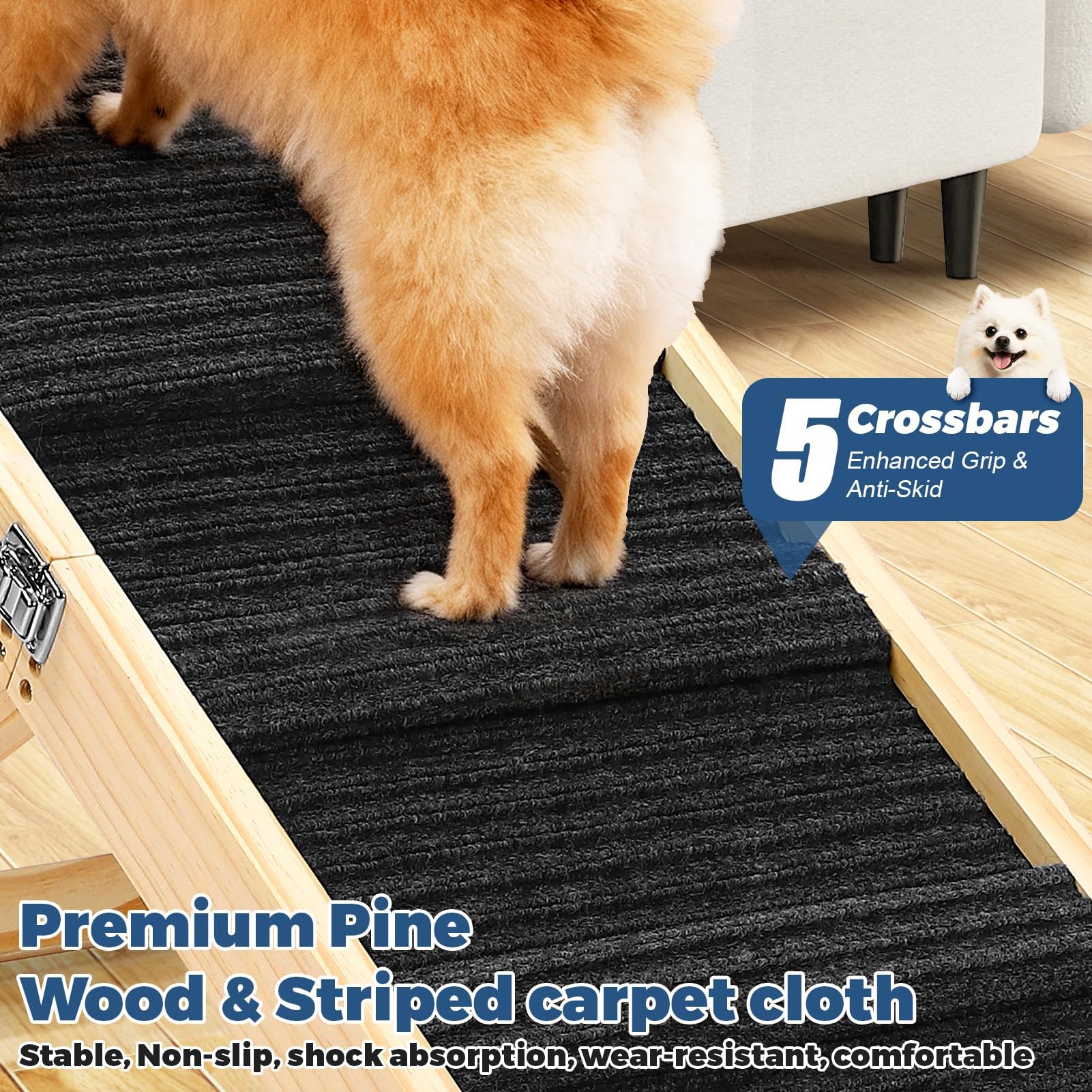 Rampe Pliable en Bois pour Chien réglable Hauteur 25-52 cm Longueur 83 cm Largeur 35 cm Antidérapante jusqu'à 15 kg