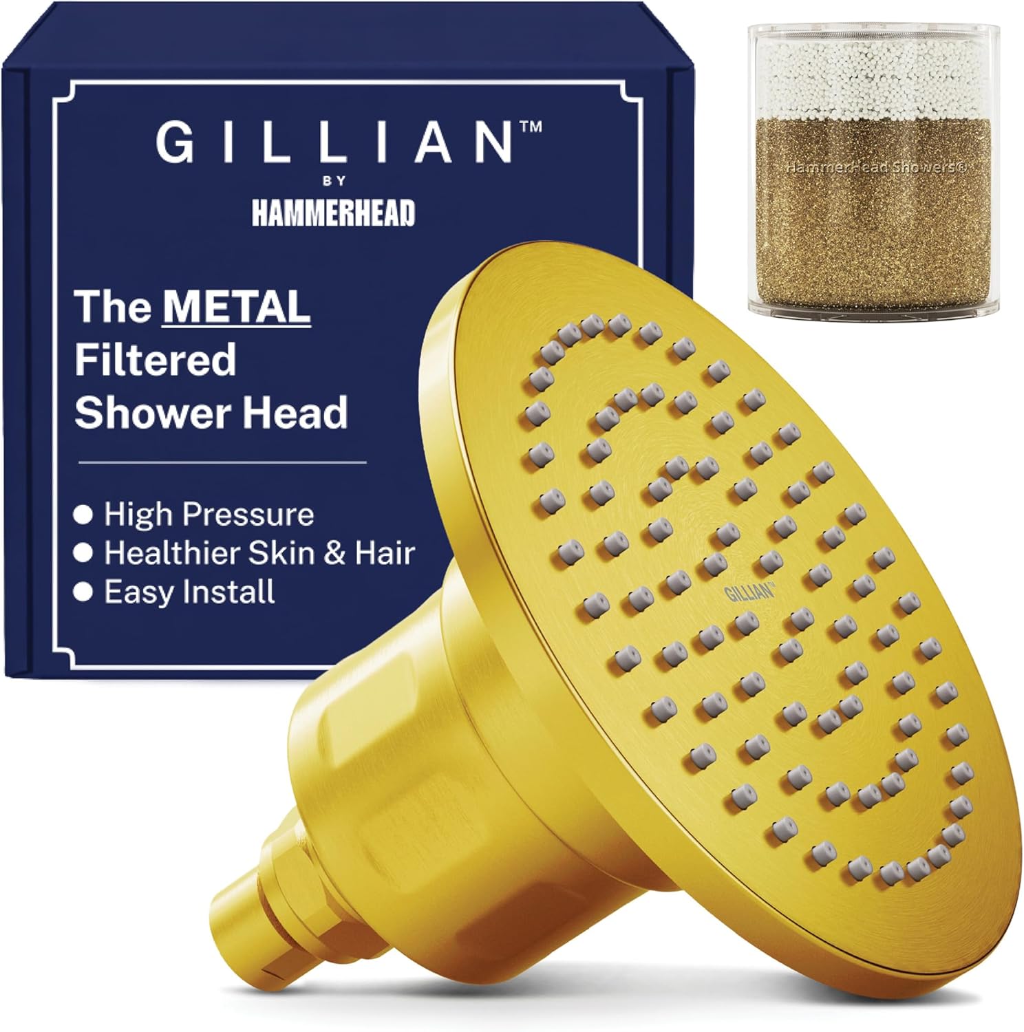Gillian™ by HammerHead High Pressure Shower Head with Filter – Genuine KDF-55 Filtered Shower Head for Hard Water, Healthier Skin & Hair – Metal 6-Inch Rainfall Showerhead with Filters, Chrome