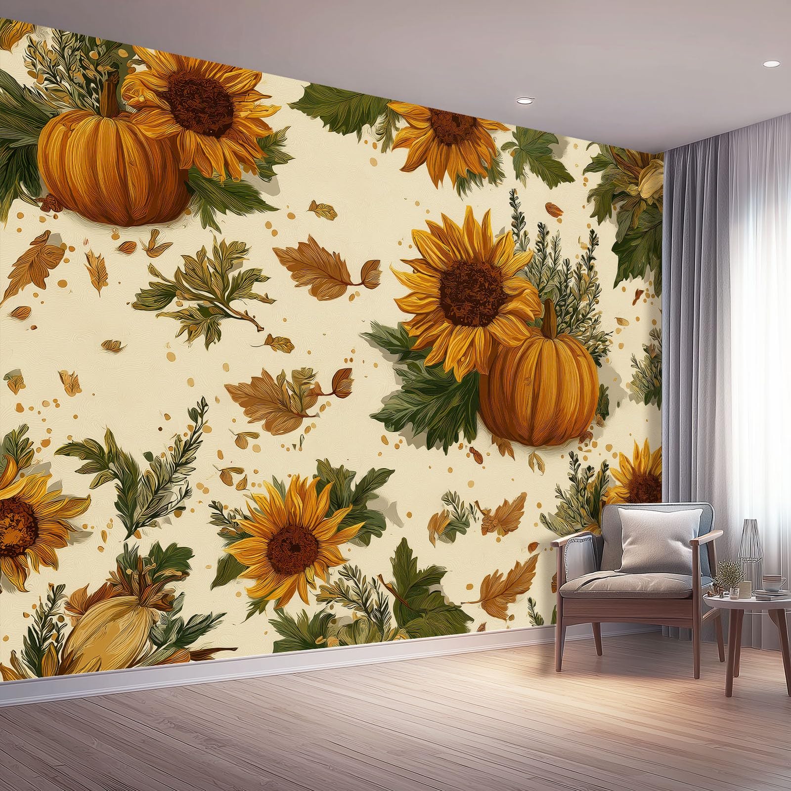 Kolorowa tapeta - wykwintne słoneczniki dynie liście fototapeta - murale ścienne do biura salonu sypialni sofy tło telewizora duży mural plakat - dekoracja domu sztuka - 400 x 280 cm (szer. x wys.)