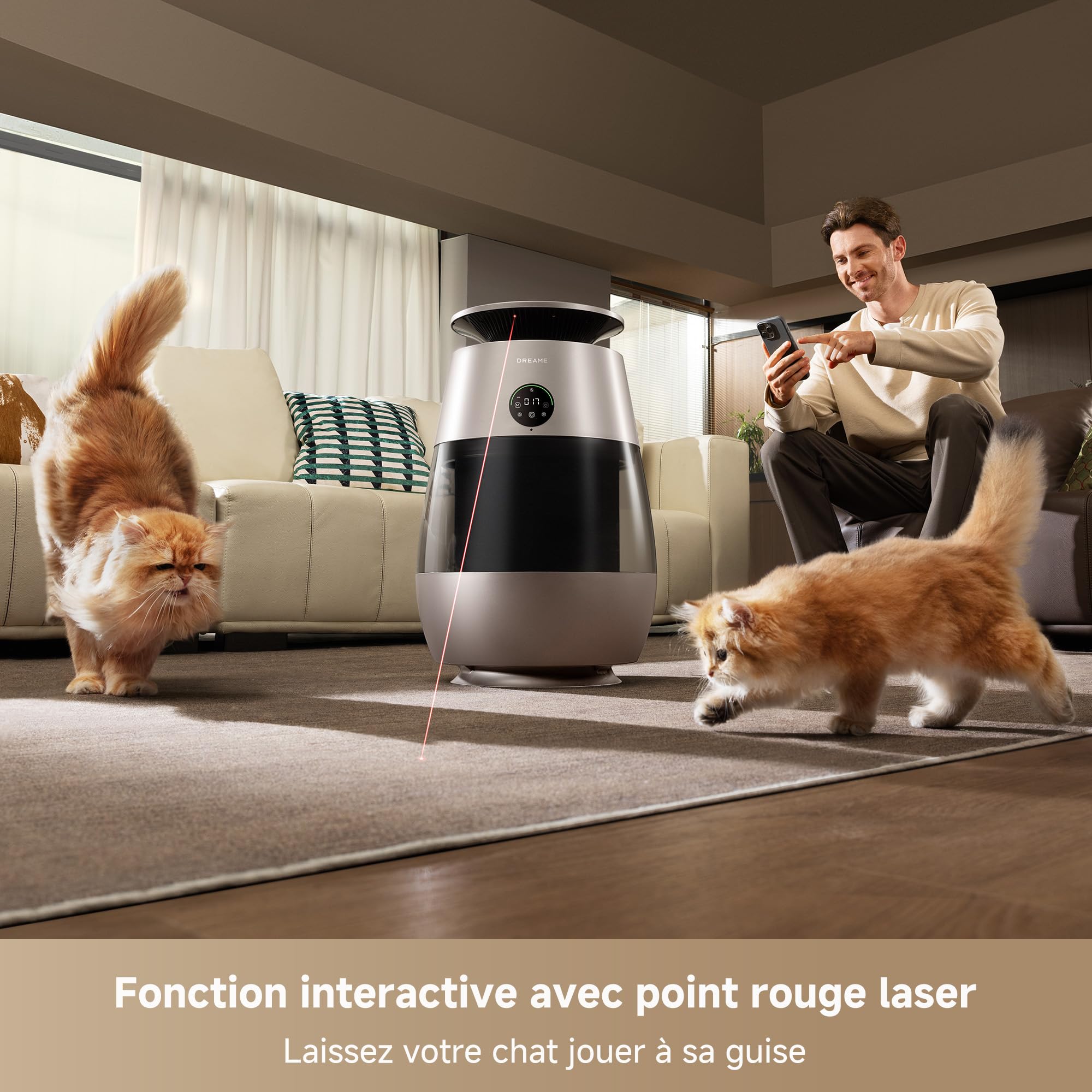 DREAME AP10 Purificateur d'Air pour Animaux, Retour d'Air Haute Pression Nég. 360°, Purification 5 Niveaux Capturant Poils/Odeurs, Compartiment Transp., Dessus Incurvé, Écl. Éco-Ambient, Contrôle App