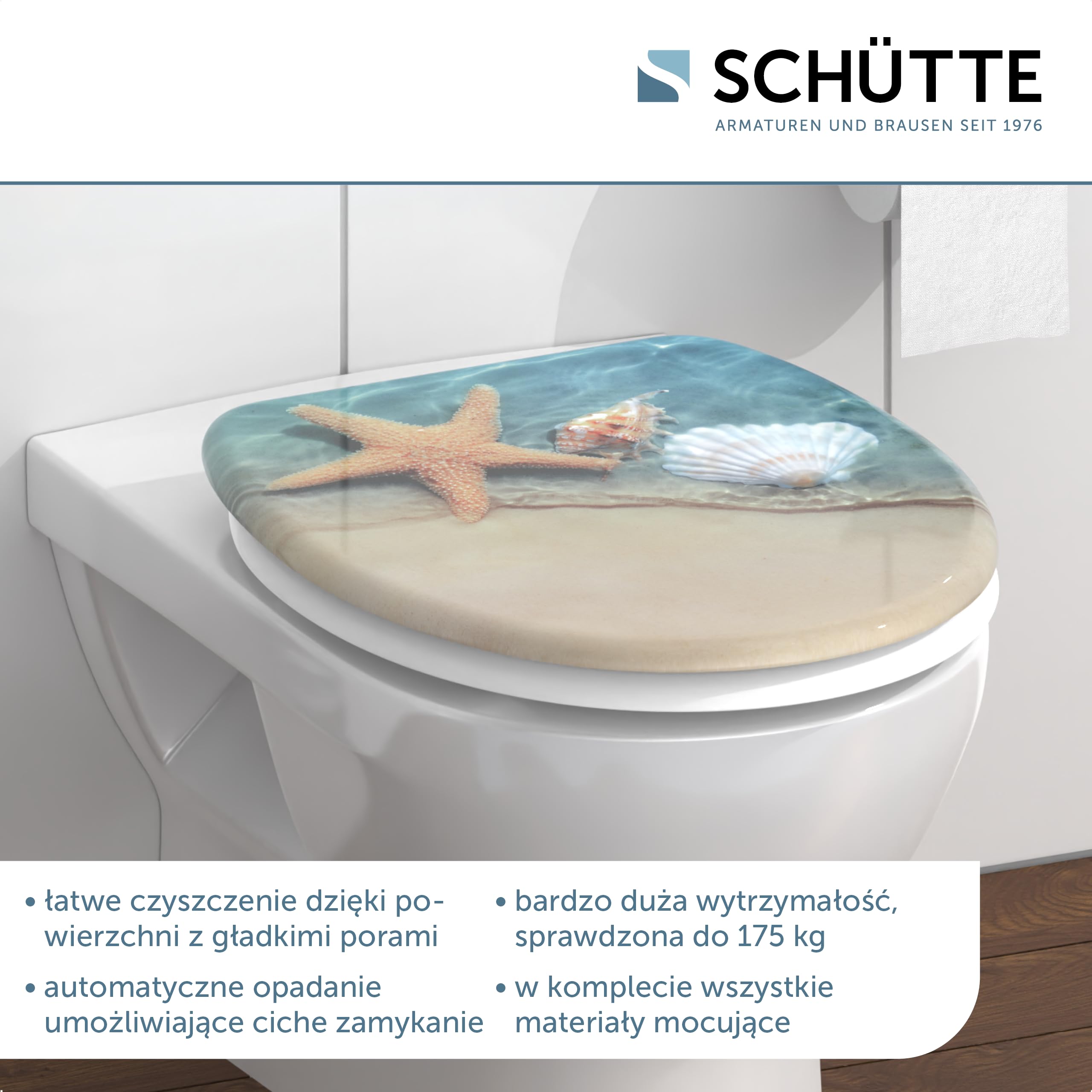 Schütte Beach 82196 Deska sedesowa Duroplast z mechanizmem cichego zamykania pasuje do większości muszli klozetowych, design plażowy