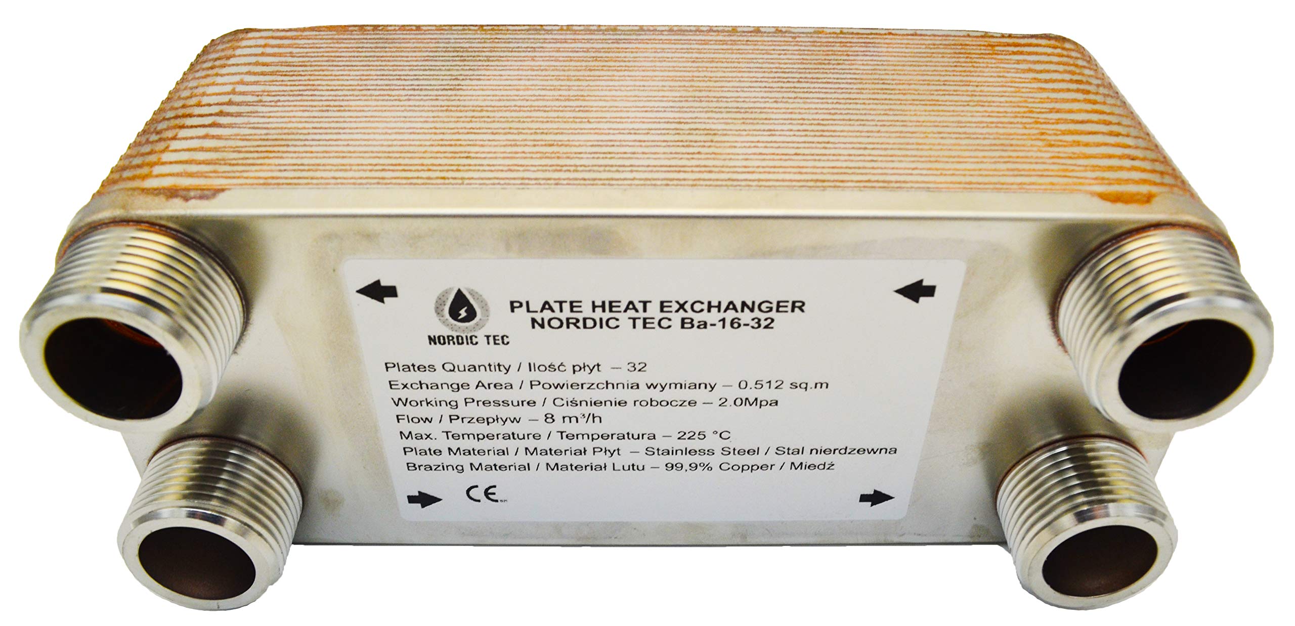 Intercambiador de calor Nordic Tec Ba-16-32 de acero inoxidable, 32 placas, 130 kW, 1"