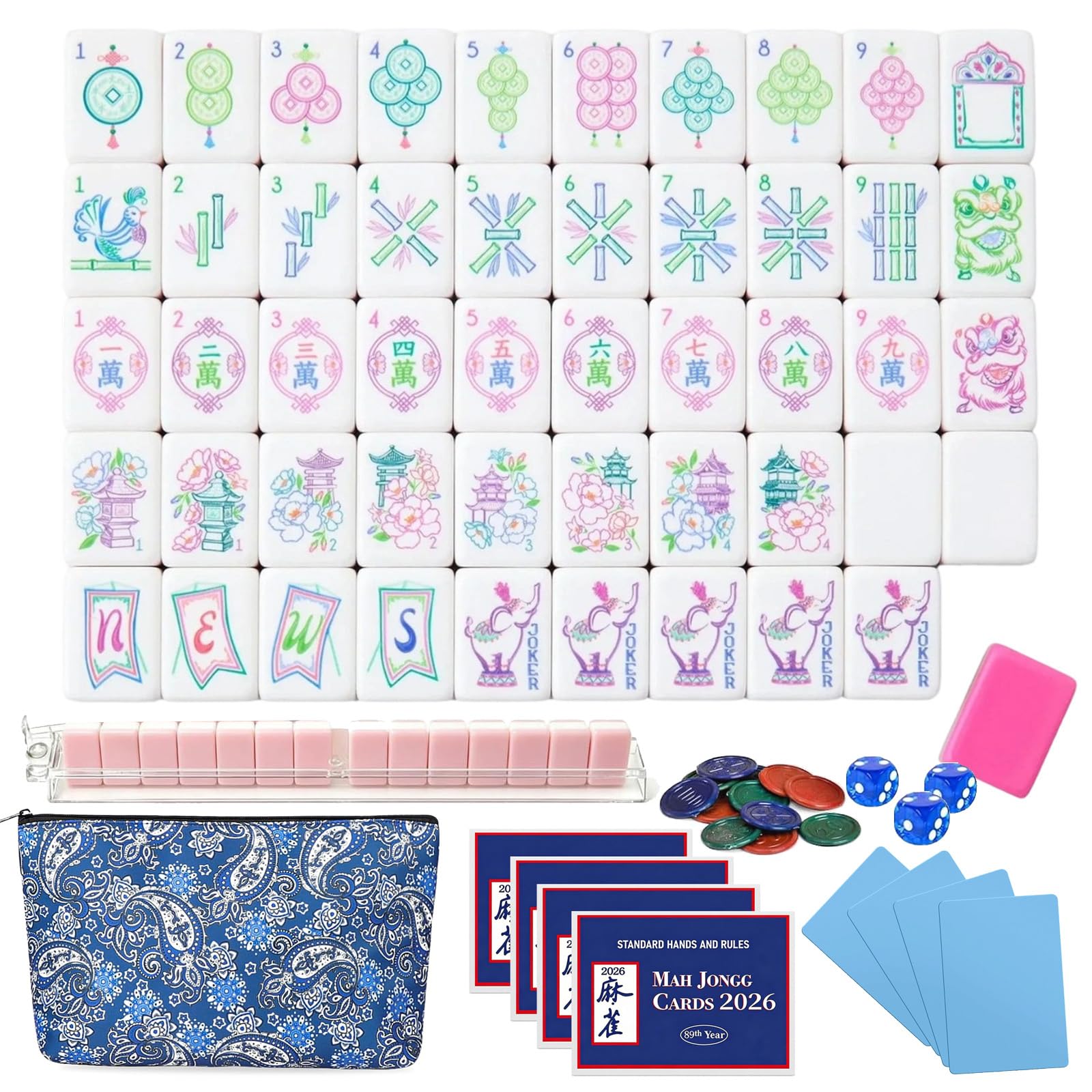 Amerikanische Mahjong-Steine, 2026 Premium-Set mit 160 Acryl-Steinen (4-schichtig) und Würfeln – Gravierte Mahjong-Steine ​​mit edler Tragetasche (Set,Pink-B)