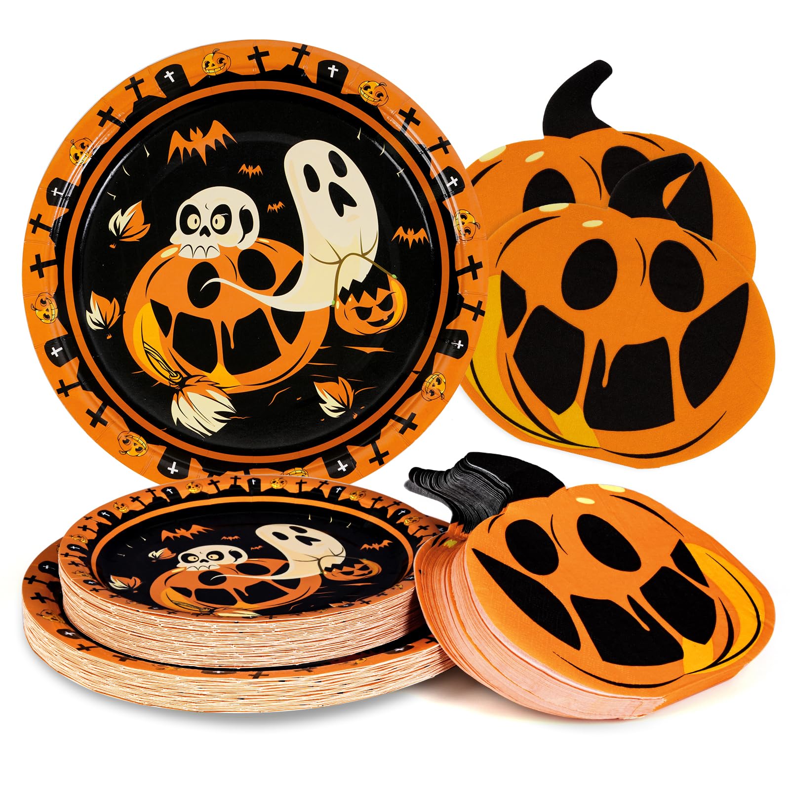 Homlouue 200 PCS Halloween Plates and Napkins, Black Pumpkin Halloween Paper Plates for Halloween Party Decoration, Halloween Party Supplies 50 9” Plates 50 7” Plates and 100 Shaped Napkins Serves 50
