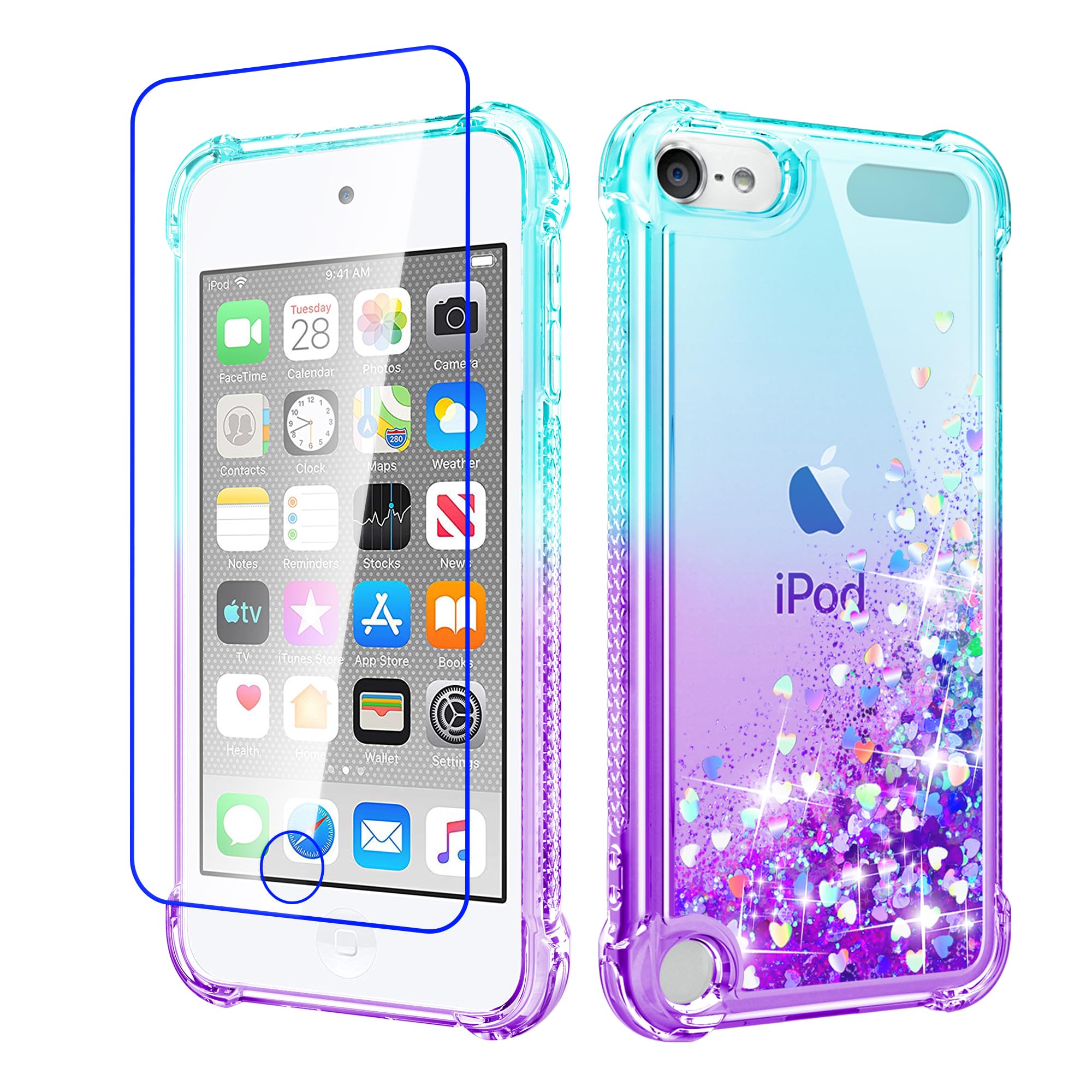 Pilaru Lovely for iPod Touch 5/6/7 Case Clear Liquid Heart Glitter Soft TPU Cover Transparent Girly Shockproof Protective Phone Case for Touch 5th/6th/7th Gen,Green-Purple