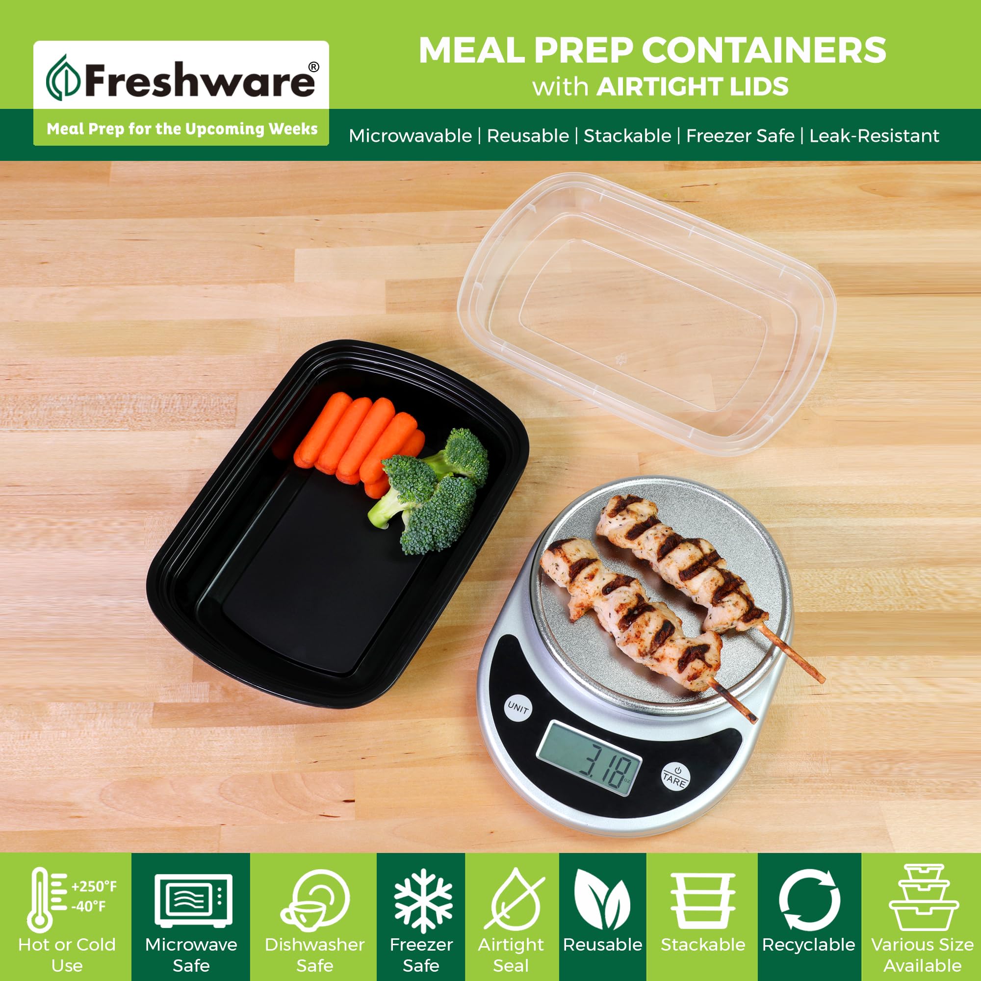 Freshware Bento Box Contenedor de preparación de comidas, 32, 1 compartimento, paquete de 150, 32 onzas