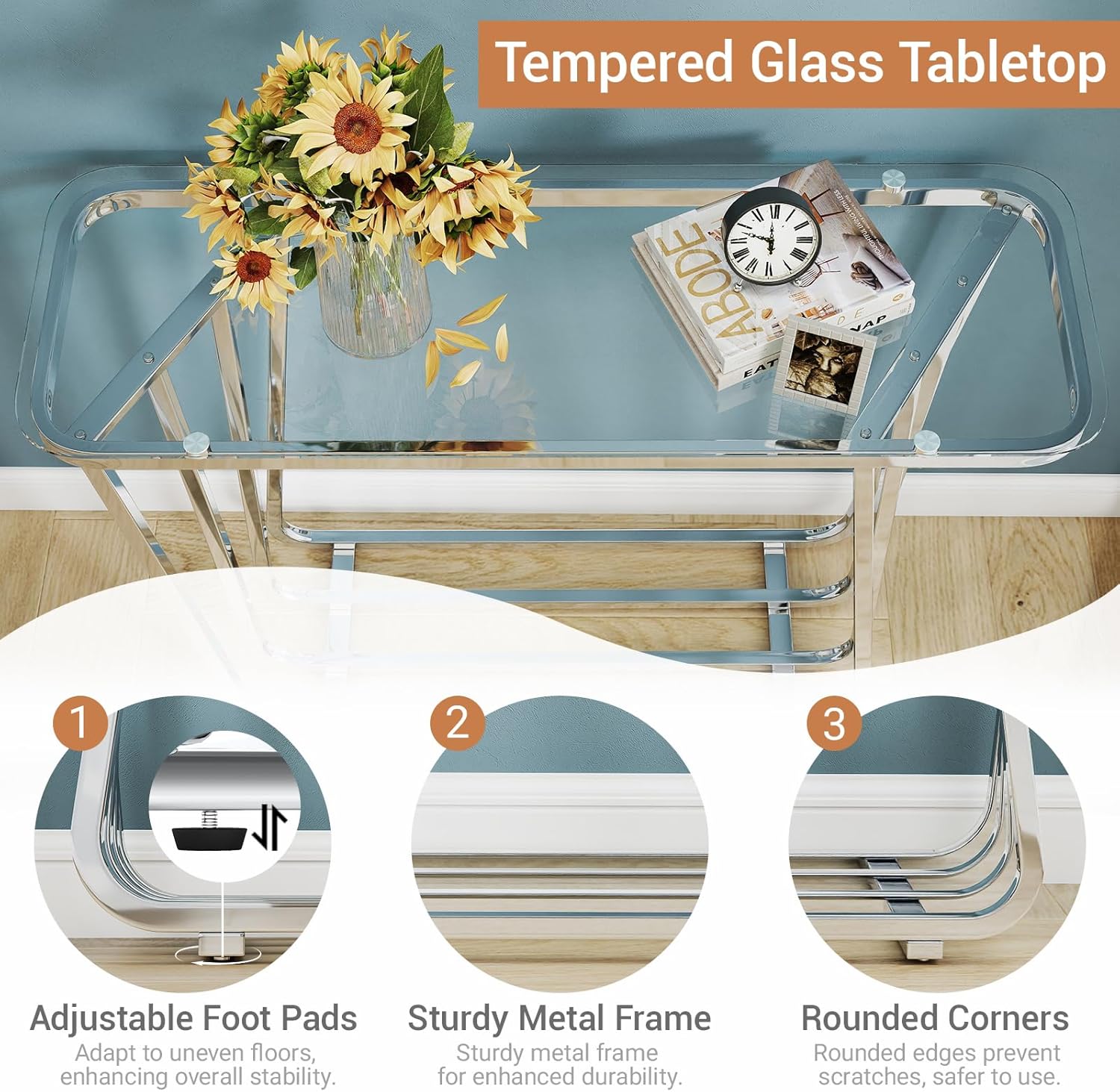 OIOG Glass Console Table for Entryway, Modern Entrance Table with Tempered Glass & Chrome Frame, Silver Sofa Table for Living Room Hallway