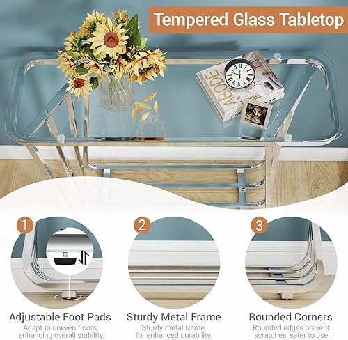 Miniatura 4 de OIOG Mesa consola de cristal para entrada, mesa de entrada moderna con vidrio templado y marco cromado, mesa de sofá plateada para sala de estar y