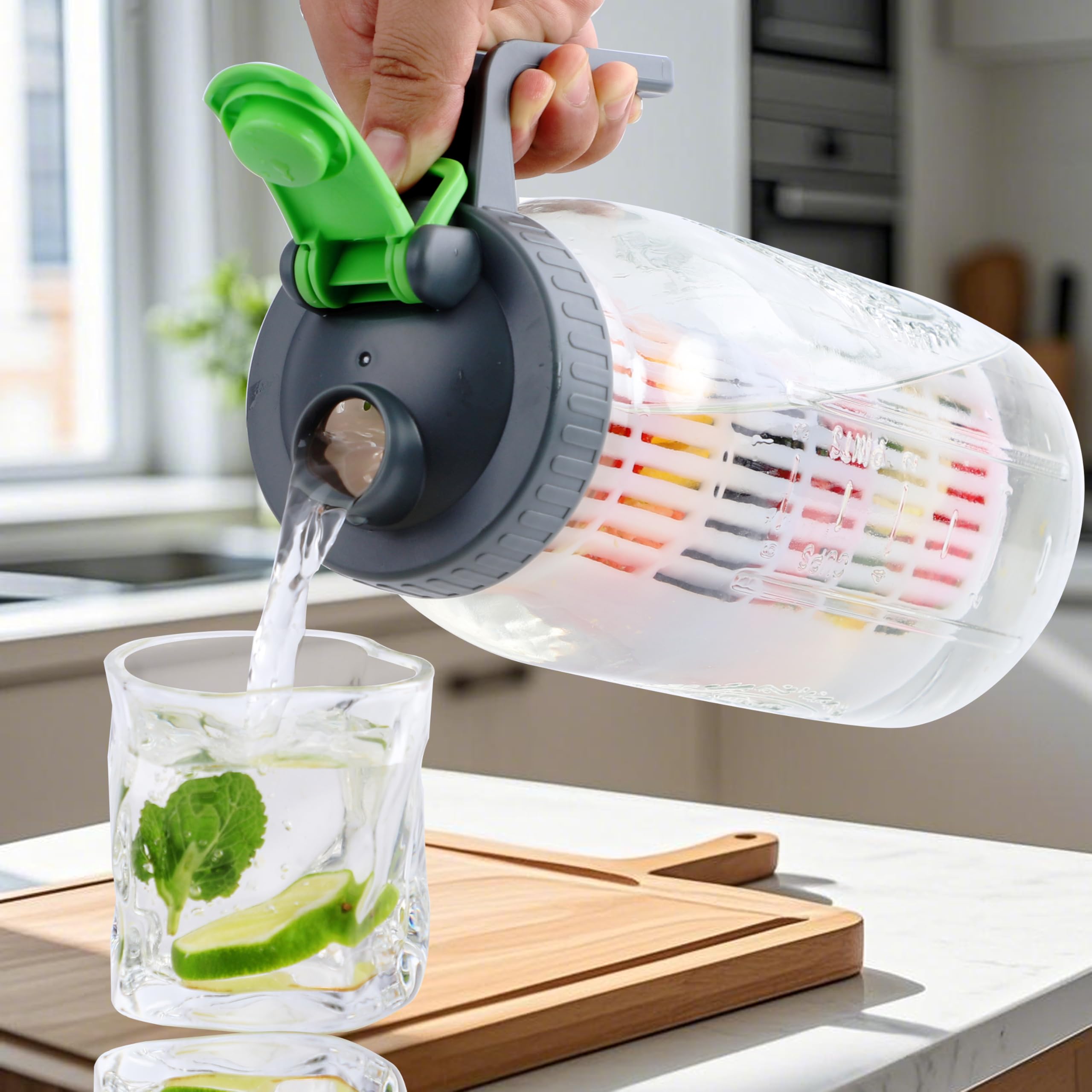 Jarra de agua de vidrio de 2 cuartos de galón con infusor de 64 onzas de boca ancha con infusión de agua fría y caliente, jarra con tapa, medio galón para café, sol, té, limonada, leche materna, jugo