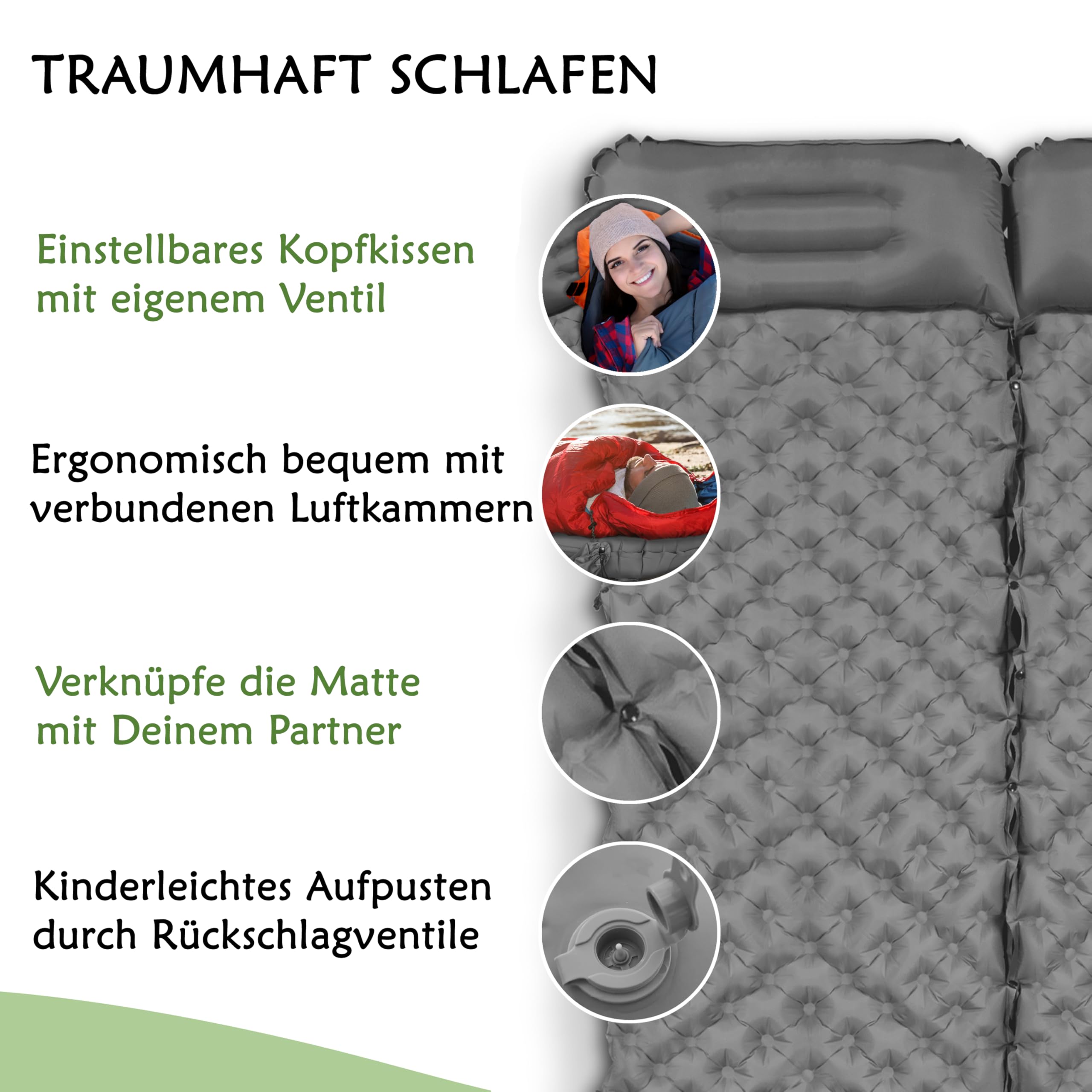 2-in-1 Isomatte für Outdoor und Camping + Ultraleicht und Kleines Packmaß + Bequem Schlafen und Sitzen + Einstellbares Kopfkissen