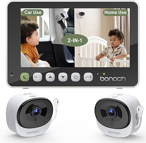 bonoch Monitor de bebé de doble uso 2 en 1 para el hogar, monitor inalámbrico HD 1080P HD de 5 pulgadas, 2 cámaras alimentadas por USB para bebé,