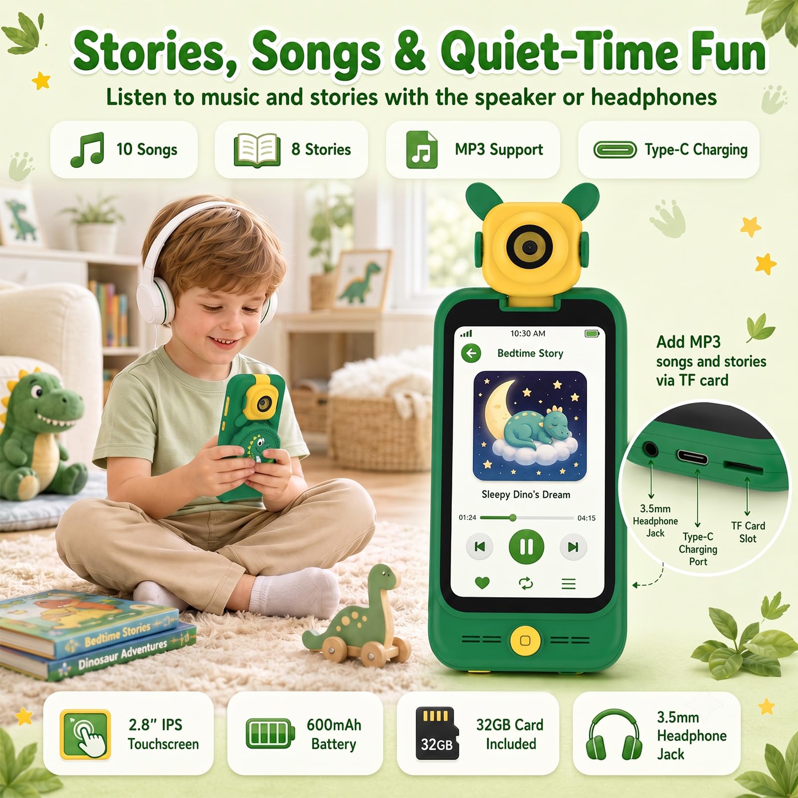 Teléfono Móvil Juguete Niños con Microscopio: Smartphone Portátil 3-8 Años | Cámara Giratoria 180° Pantalla Táctil 2.8 Tarjeta 32 GB Juegos Ciencia Educativo STEM Regalo Cumpleaños Dinosaurio Niño Niña