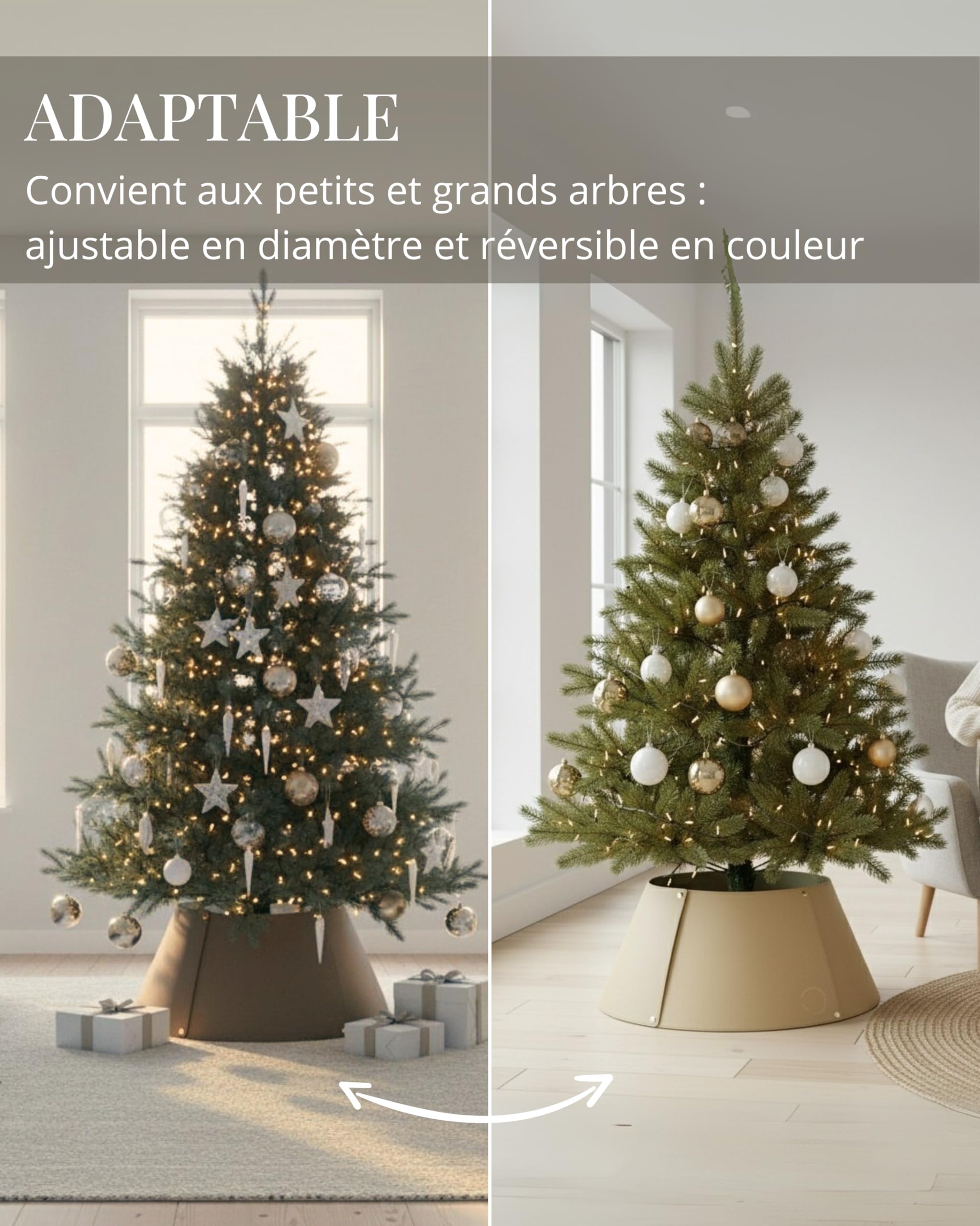 Livlig53 LIVLIG Cache-Pied de Sapin en Similicuir Beige/Brun – Collier pour Sapin réversible 2-en-1 avec détails dorés, Couvre-Support décoratif Fait Main pour Sapin de Noël