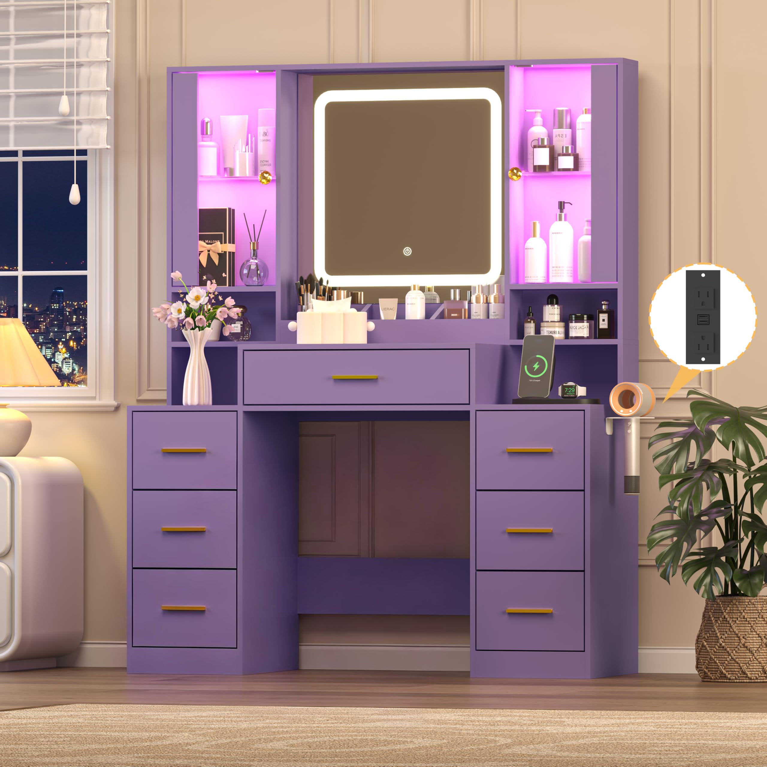 - Purple Makeup Vanity Desk with Mirror & Lights, Modern Vanity Table with Charging Station, 7 Drawers, Glass Cabinet, Adjustable Shelves, Bedroom Dressing Table Set for Women & Girls