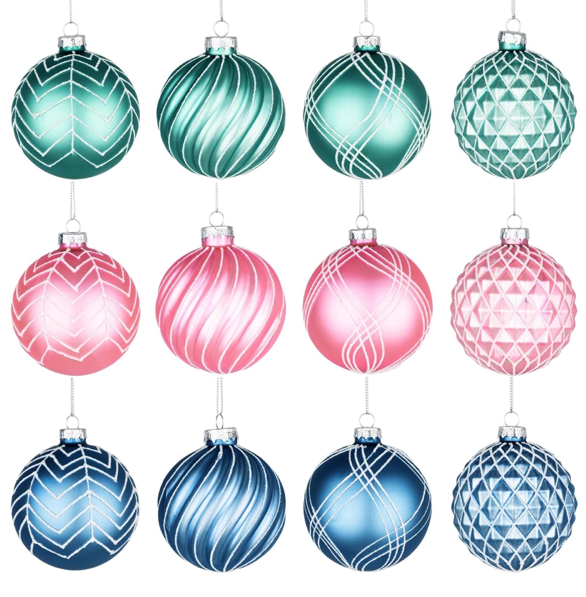 Shatchi Green,Pink,Blue 12Pcs/80Mm Glass Baubles Christmas Tree Balls Spheres Hanging Ornaments Set Assorted Designs Xmas Tree Decorations