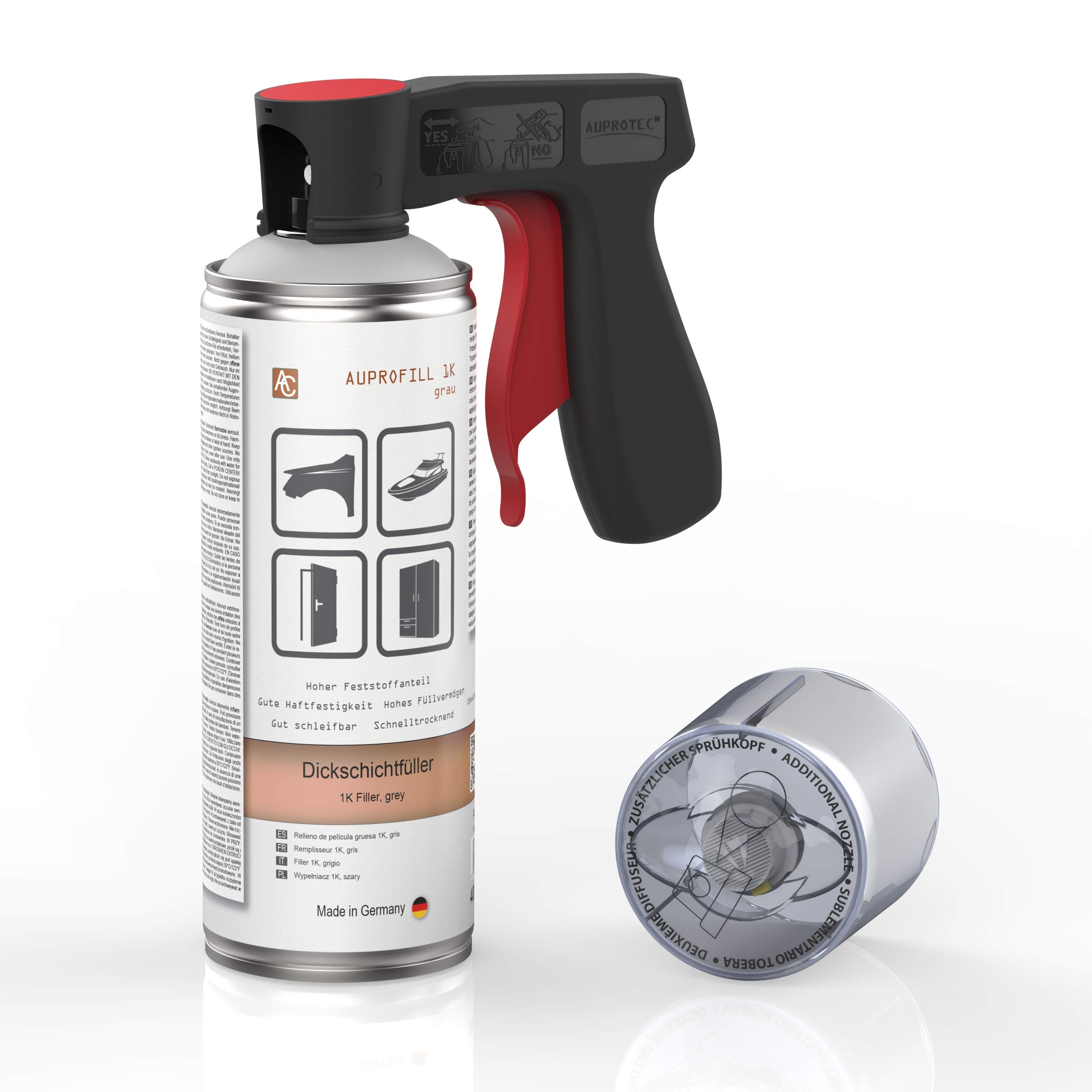 AUPROTEC Dickschichtfüller AUPROFILL 1K Filler Grundierung für Autolack Primer Spray grau 12x 400ml + 1x Original Pistolengriff