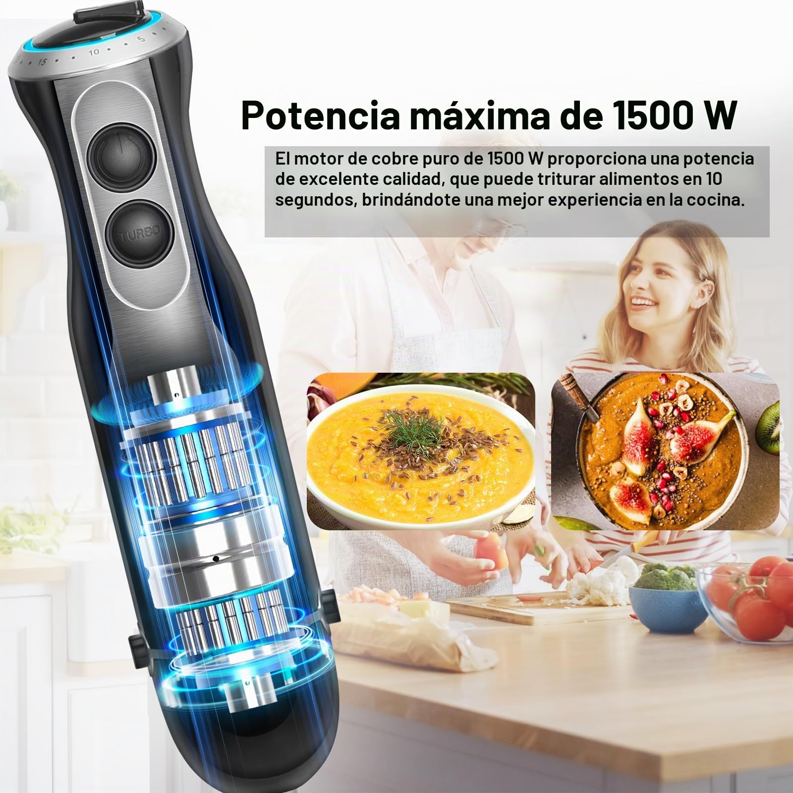 1500W Batidora de Mano, 4 in 1 Minipimer con 20 Velocidades y TRUBO botón | Batidora Picadora, 4 Hojas de Acero Inoxidable incluye 600ml Vaso Medidor, Batidor de Huevos, 500ml Picadora