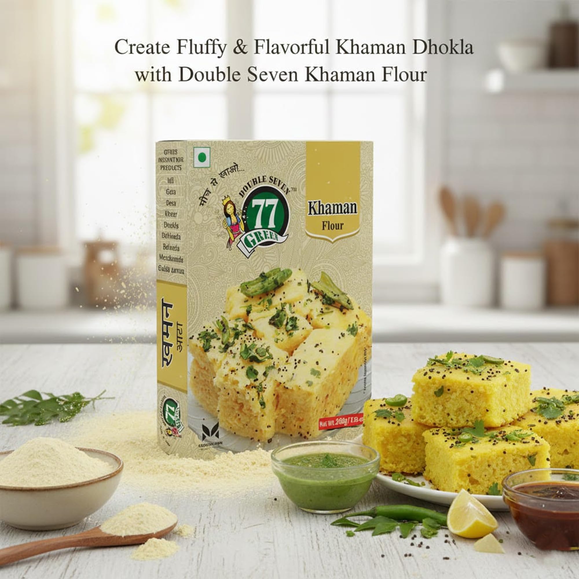 77 Green Khaman Mix Pack of 2-800g - Instant Dhokla Mix/Khaman Dhokla for Quick & Easy Preparation - Soft & Fluffy Snacks - No Preservatives - Ideal for Indian Cuisine/Party Appetisers 3