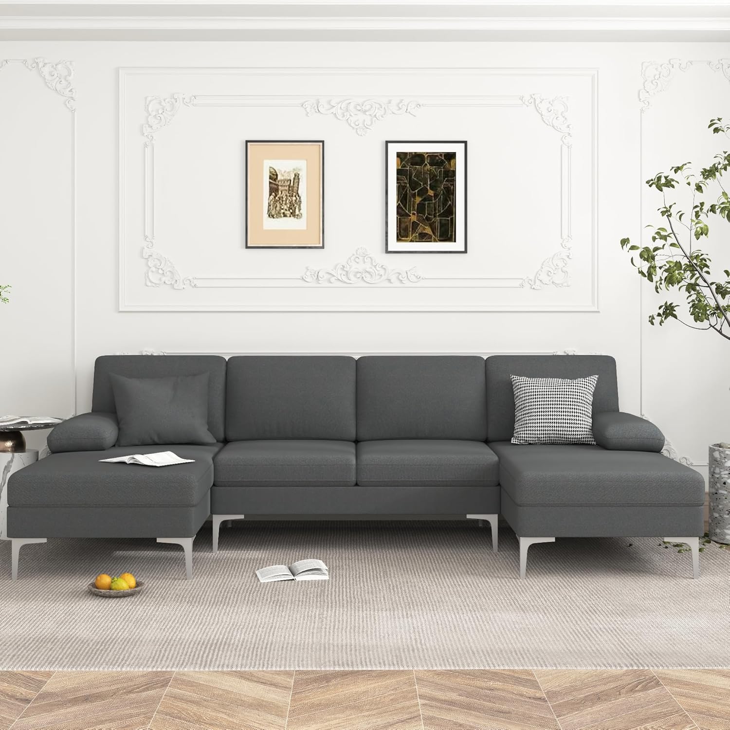 VERYKE Modern U-Shaped Sectional Sofa, 110'' Linen Fabric Couch, Upholstered Sofa Bed with Metal Legs for Home Office