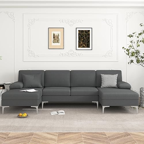 Miniatura 12 de VERYKE Sofá seccional en forma de U negro, sofá seccional moderno de tela de chenilla de 110 pulgadas, sofá cama tapizado con patas de metal para