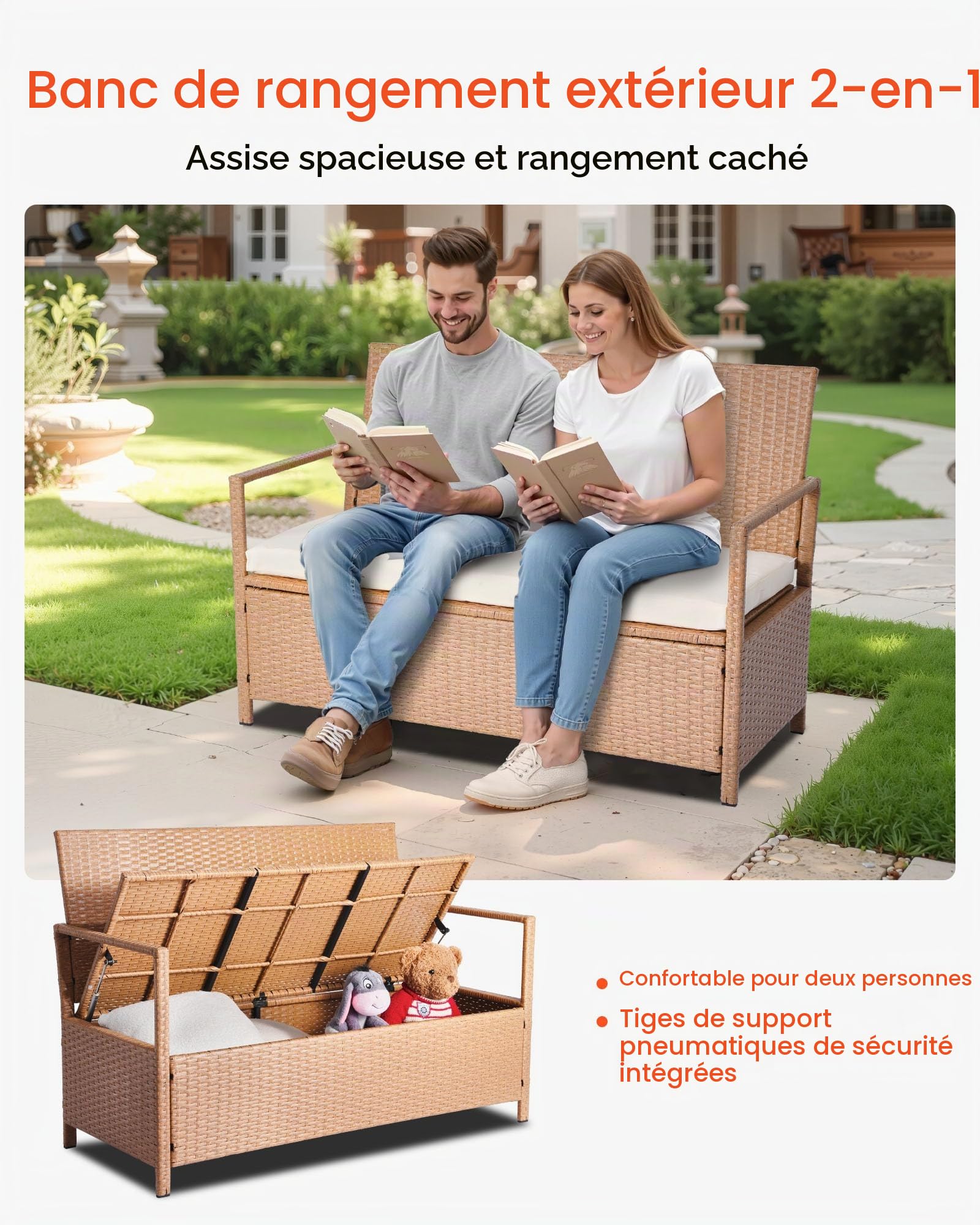VEVOR Banc de Rangement Extérieur en Rotin Synthétique Coffre de Jardin 265 L, Banc de Terrasse avec Coussin, Capacité de Charge 120,2 kg, Siège d'Extérieur pour Patio, Jardin, Balcon, Cour, Porche
