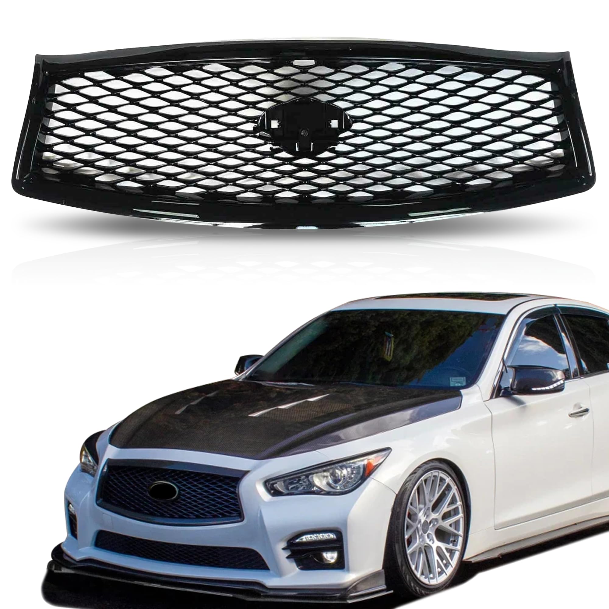 PartsFlow For 2014 2015 2016 2017 Infiniti Q50 Front Bumper Upper Grill Mesh Grille Gloss Black W/Hole