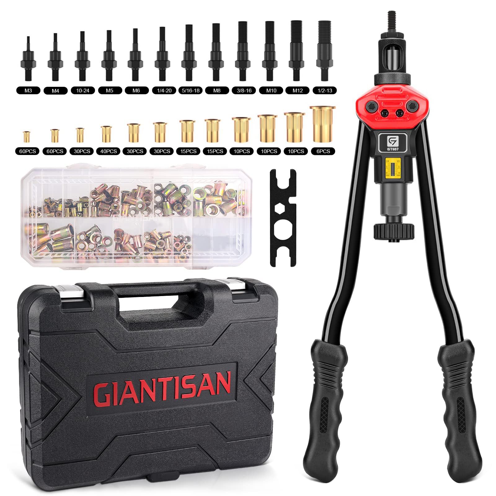 Giantisan Utensile per dadi per rivetti da 40,6 cm, kit con 12 mandrini metrici e SAE, dadi per rivetti, 176 pezzi e robusta custodia per il trasporto