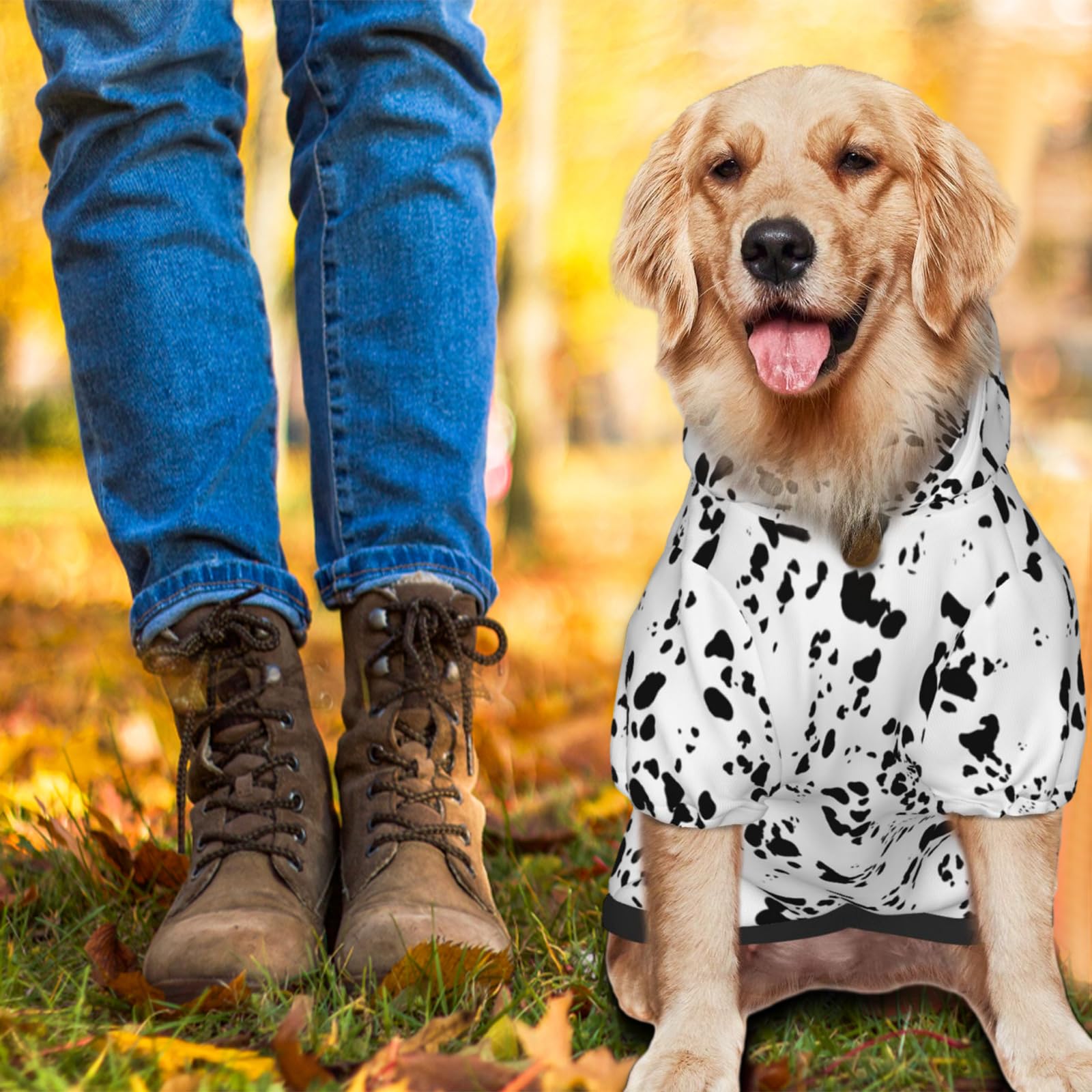 Disfraz de perro con estampado dálmata, lindo estampado de perro manchado, ropa de invierno, suéter de Halloween con bolsillo, sudadera con capucha de invierno para mascotas, talla XXL