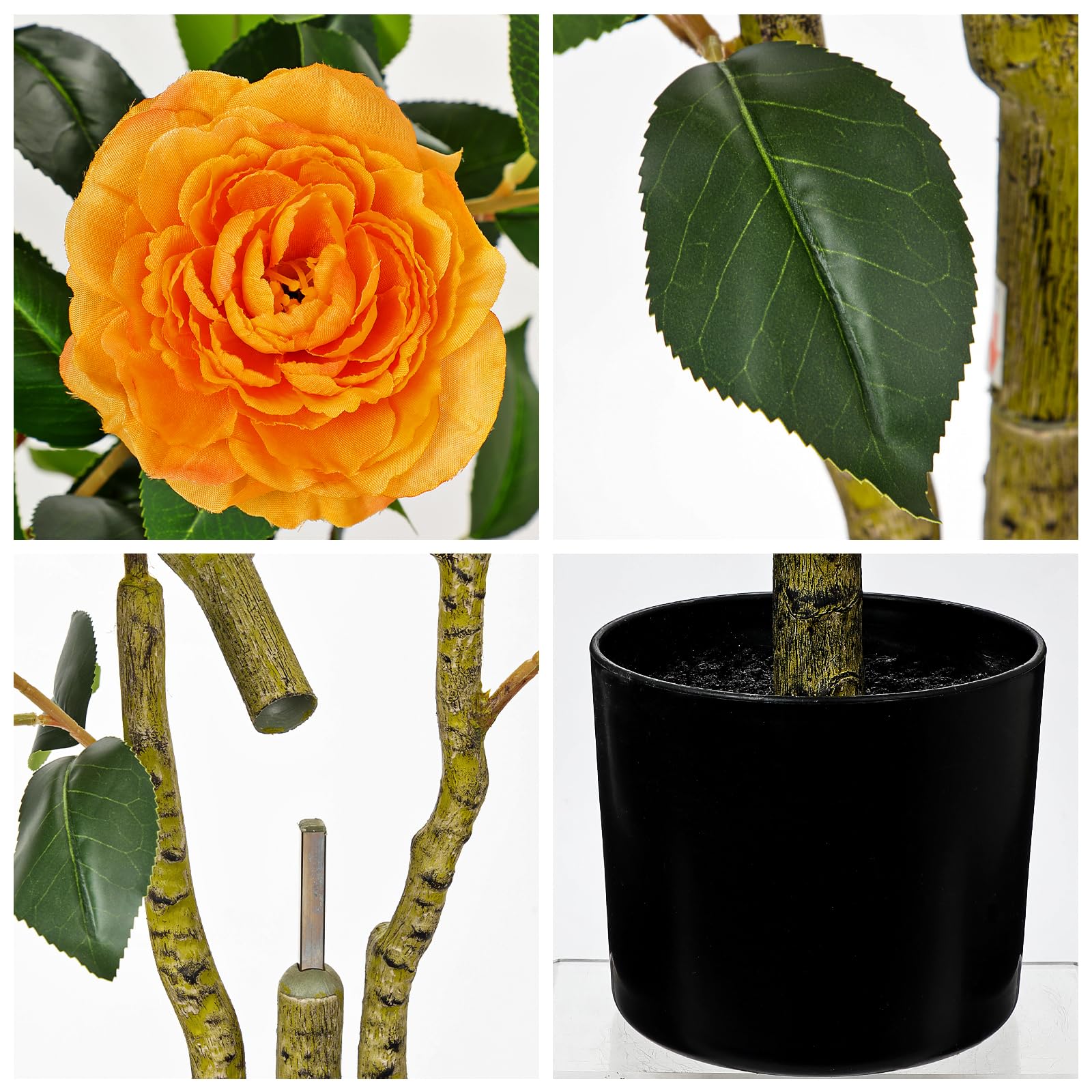 Árbol de camelia artificial de 90 cm, árbol de arte con flores, árbol de camelia artificial naranja, árbol decorativo, plantas artificiales como de verdad en maceta, decoración de primavera